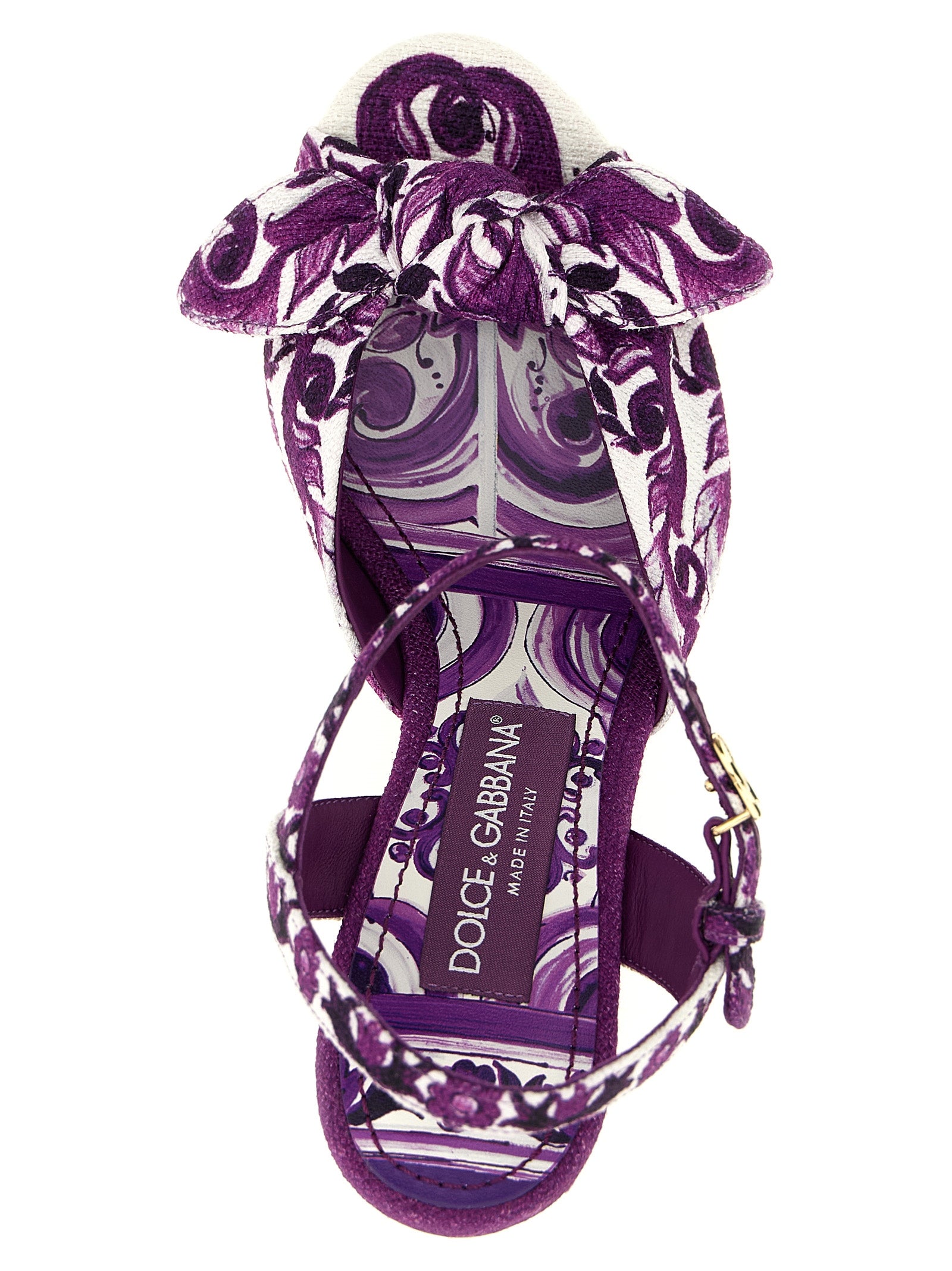 Sandales à talons stilettos en coton violet de Dolce & Gabbana, avec design élégant et détails raffinés.