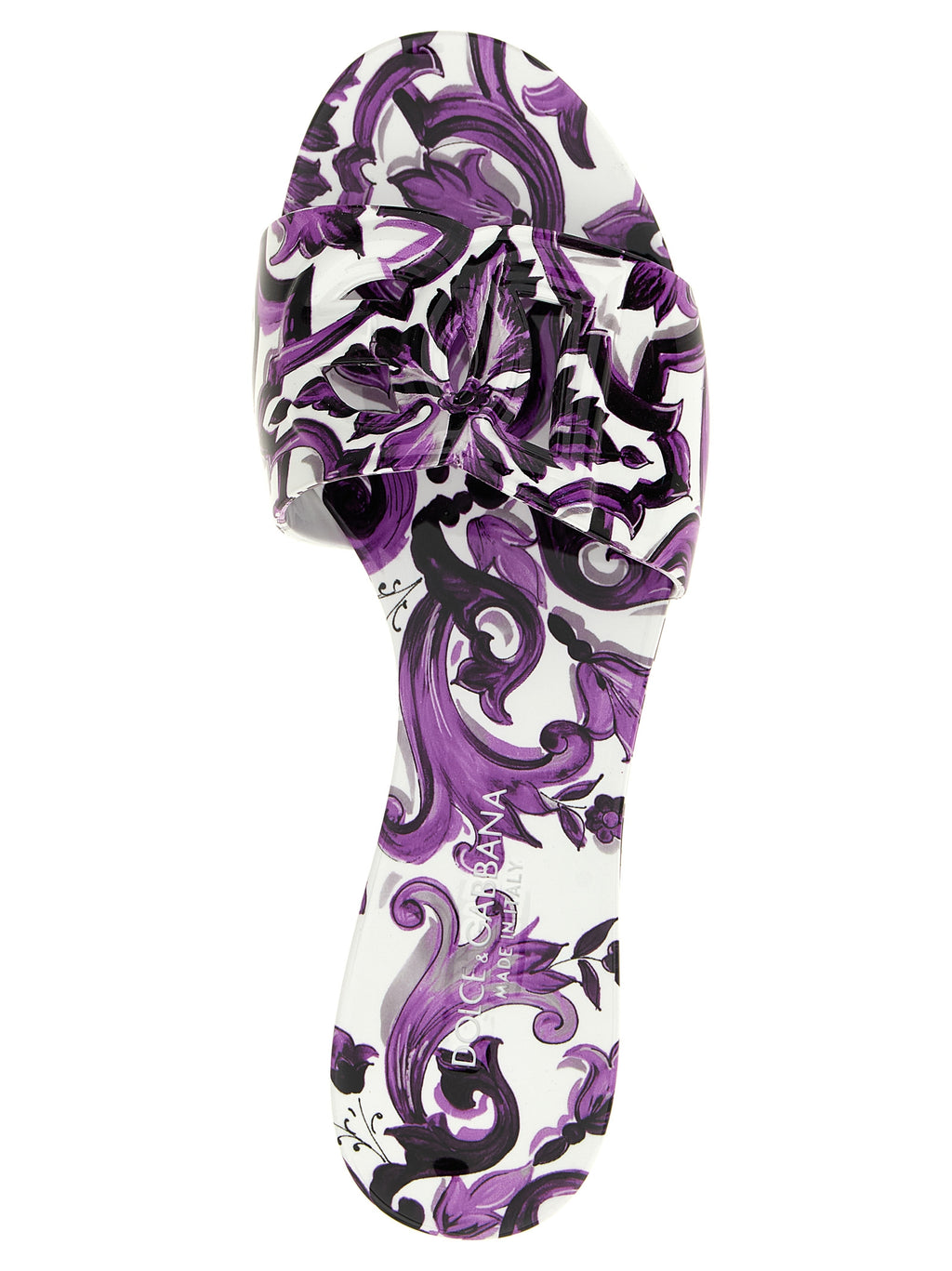 Sandales en plastique violettes Dolce & Gabbana, style décontracté avec bride large et logo de la marque visible.