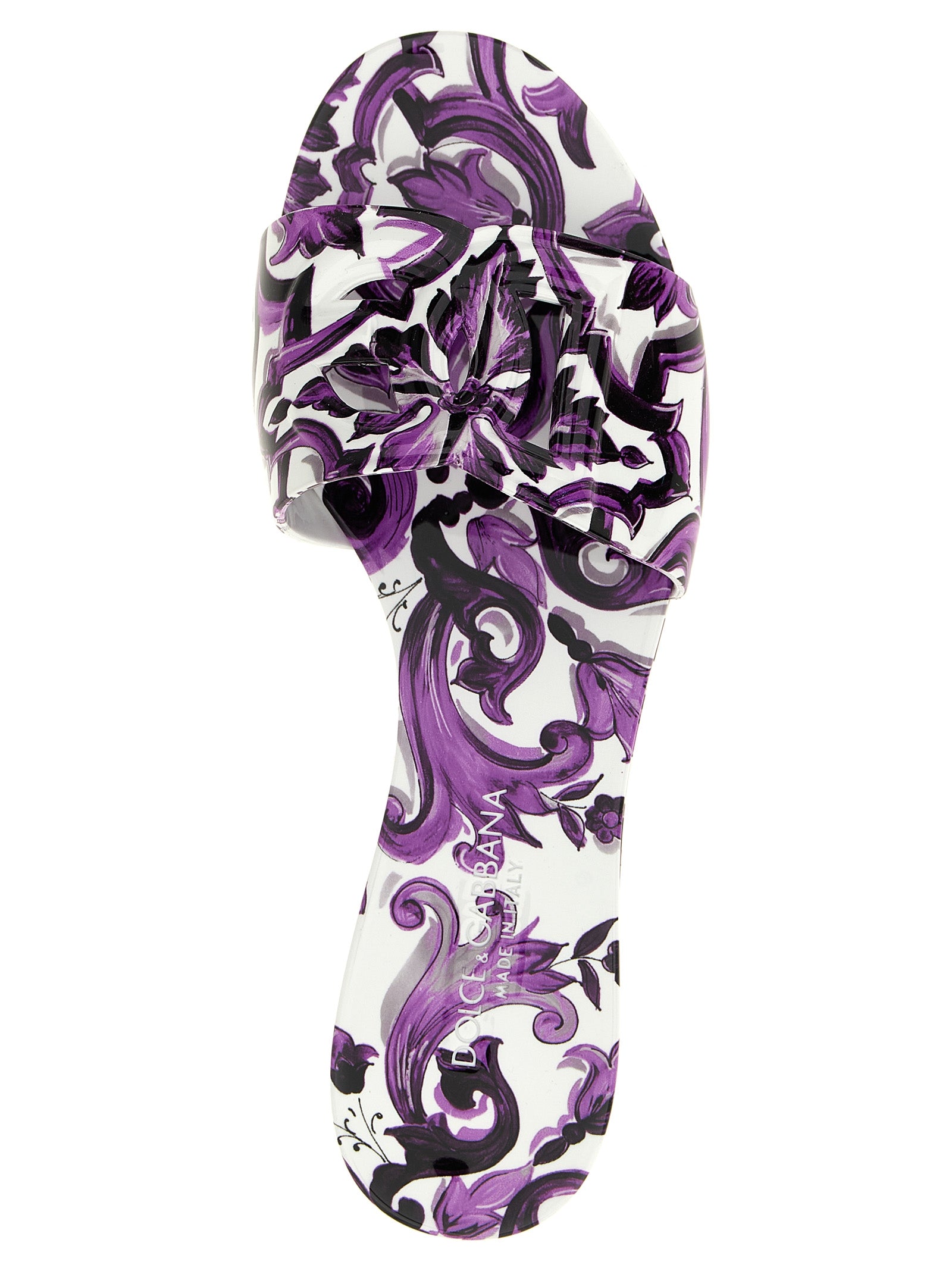 Sandales en plastique violettes Dolce & Gabbana, style décontracté avec bride large et logo de la marque visible.