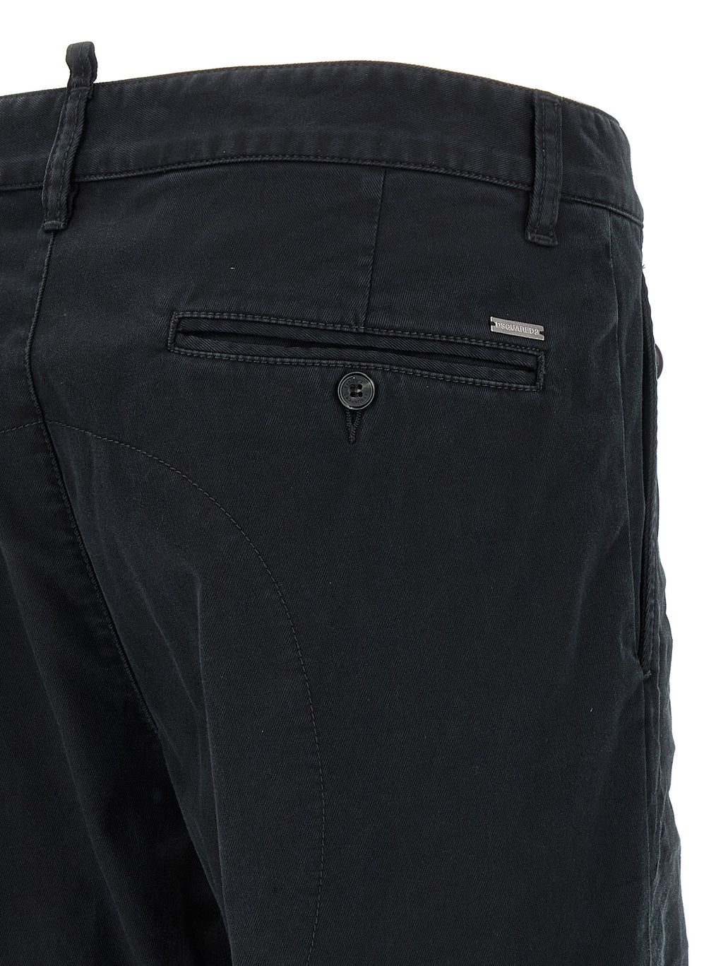 Pantalon chino en coton noir de la marque Dsquared², coupe classique, visible avec détails de la taille et des poches.
