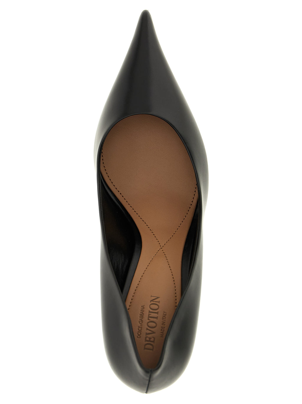 Escarpins noirs en cuir de veau Dolce & Gabbana avec talons hauts et design élégant, vue de côté.