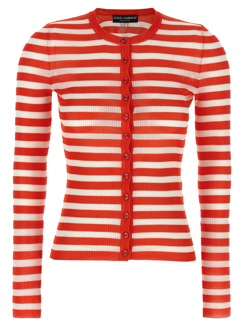 Cardigan en viscose orange Dolce & Gabbana, veste élégante avec détails raffinés, porté dans une image de mode élégante.