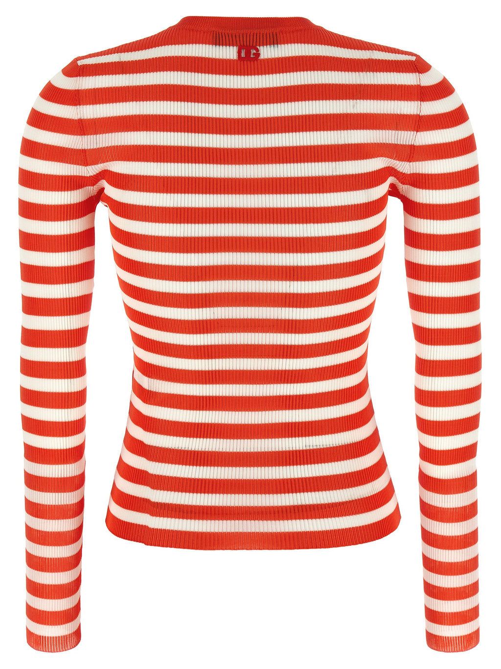 Cardigan en viscose orange de Dolce & Gabbana, porté sur un mannequin avec détails de texture visible.