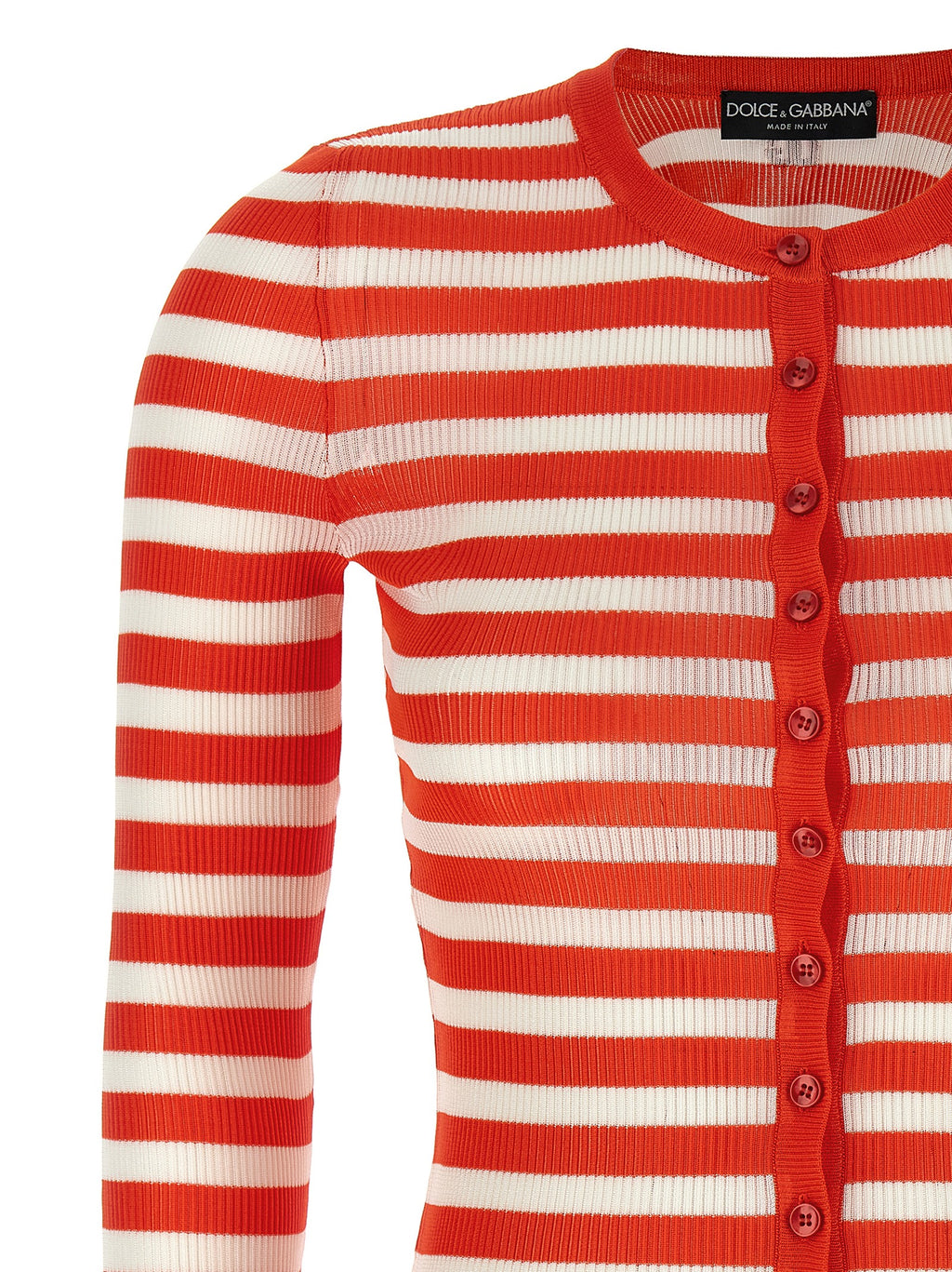Cardigan en viscose orange de Dolce & Gabbana avec détails élégants et coupe décontractée, porté sur un mannequin.