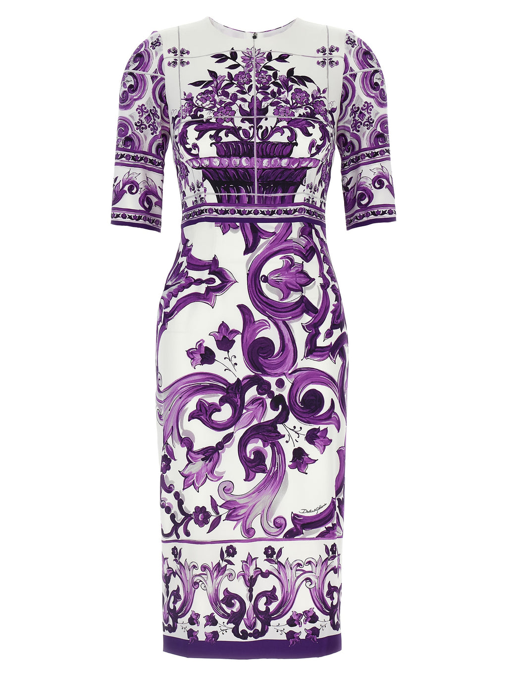 Robe midi en soie violette de Dolce & Gabbana, élégante et fluide, portée sur un mannequin.