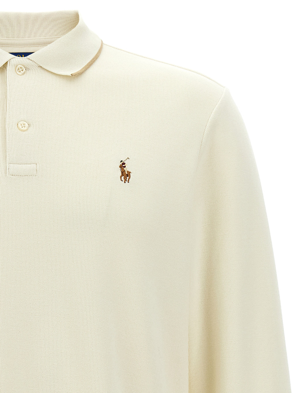 Chemise polo beige en coton de Polo Ralph Lauren, vue de face avec col et boutons visibles.