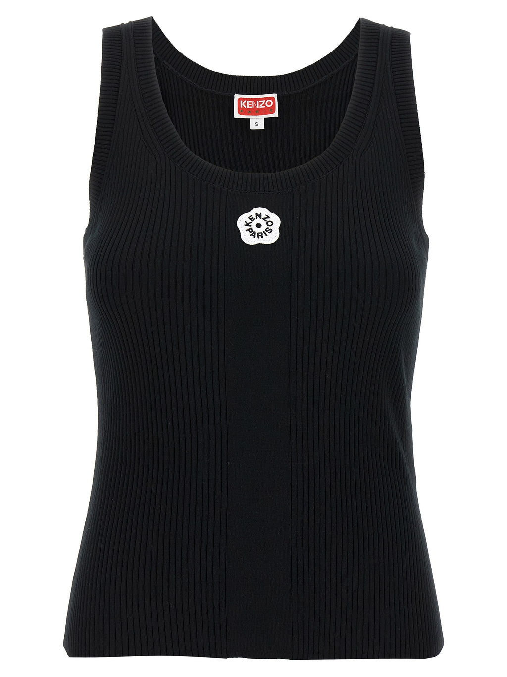 T-shirt sans manches noir Kenzo en viscose, vue de face, avec logo discret sur la poitrine.
