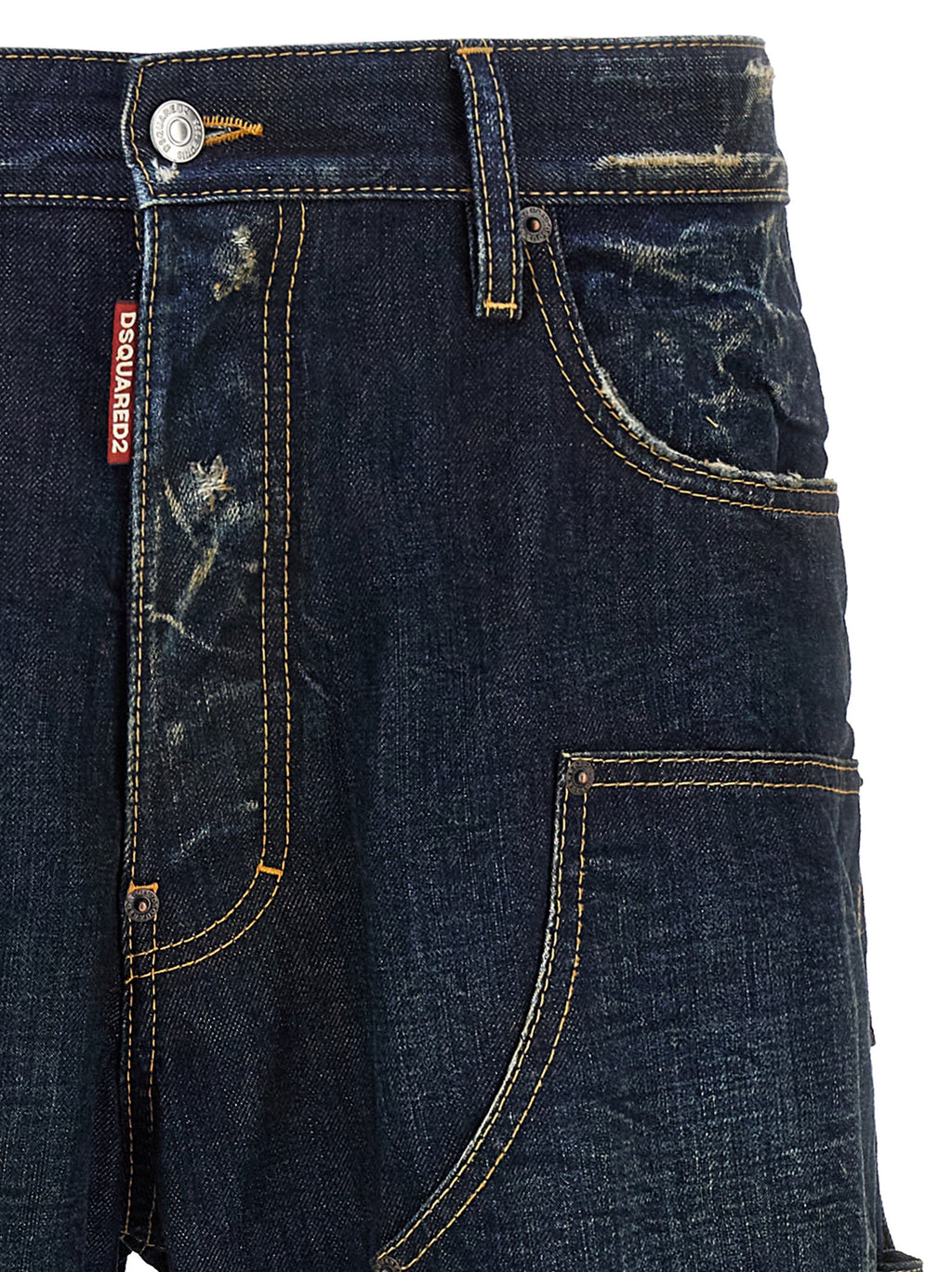 Jeans en denim en coton bleu Dsquared², coupe classique, visibles en gros plan sur fond neutre.