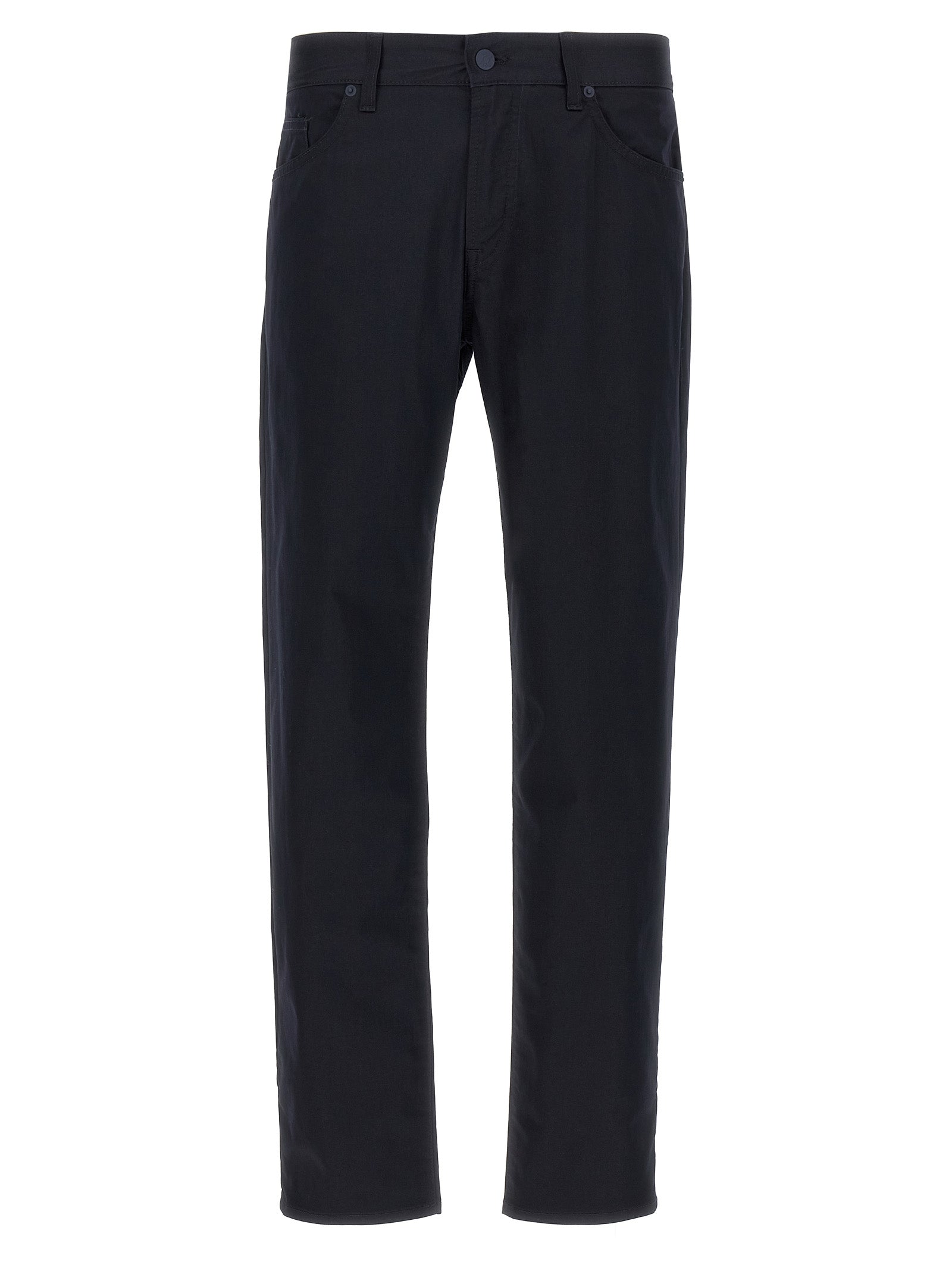 Pantalon casual en coton bleu de Hugo Boss, style décontracté et élégant, vue de face sur un mannequin.