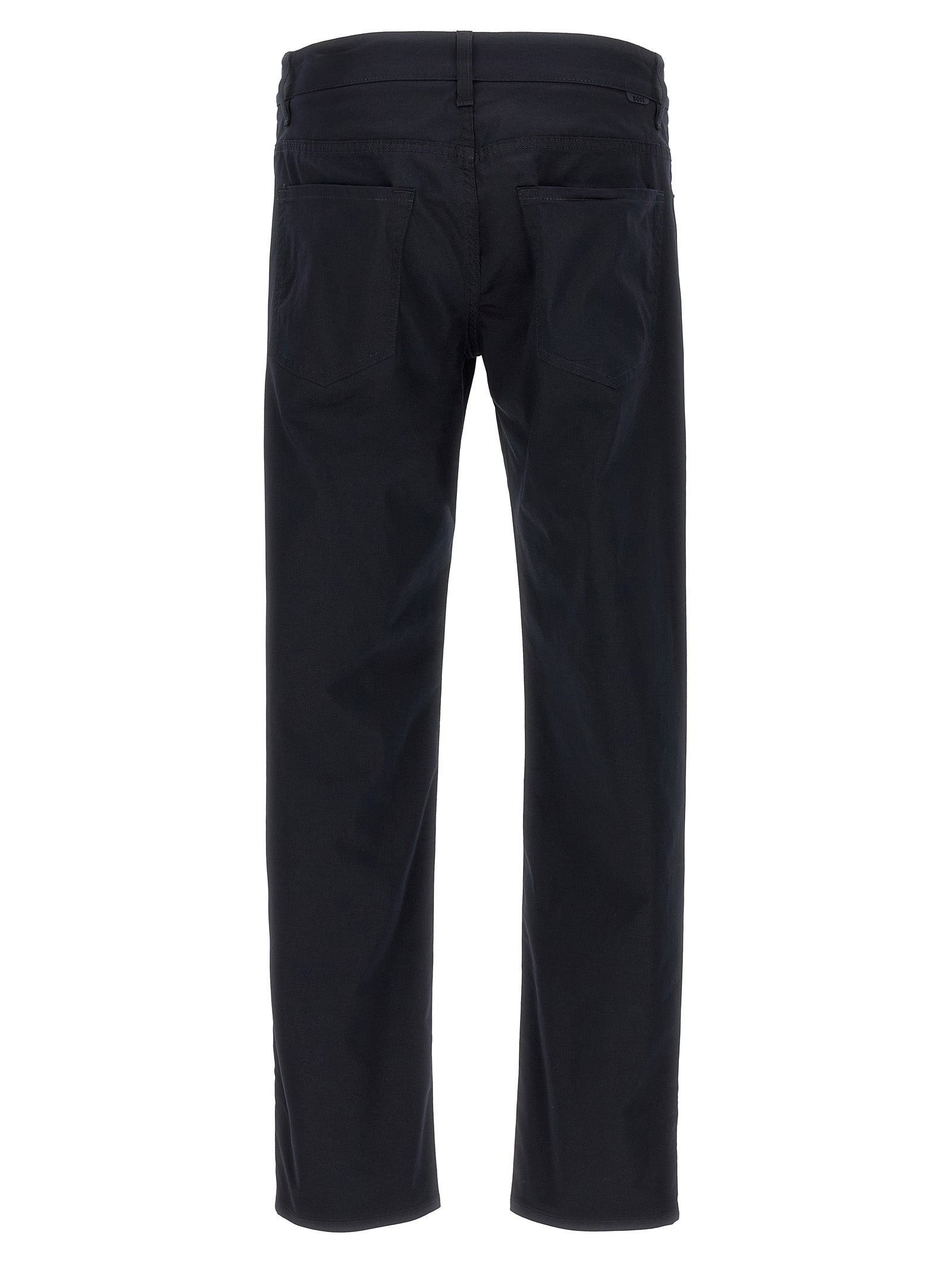 Pantalons décontractés en coton bleu de la marque Hugo Boss, coupe classique avec poches avant et ceinture ajustable.