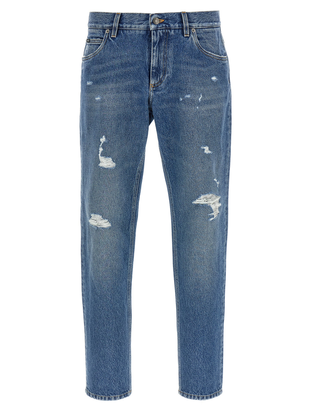 Jeans droits en coton bleu Dolce & Gabbana, vue de face, avec détails classiques et couture visible.