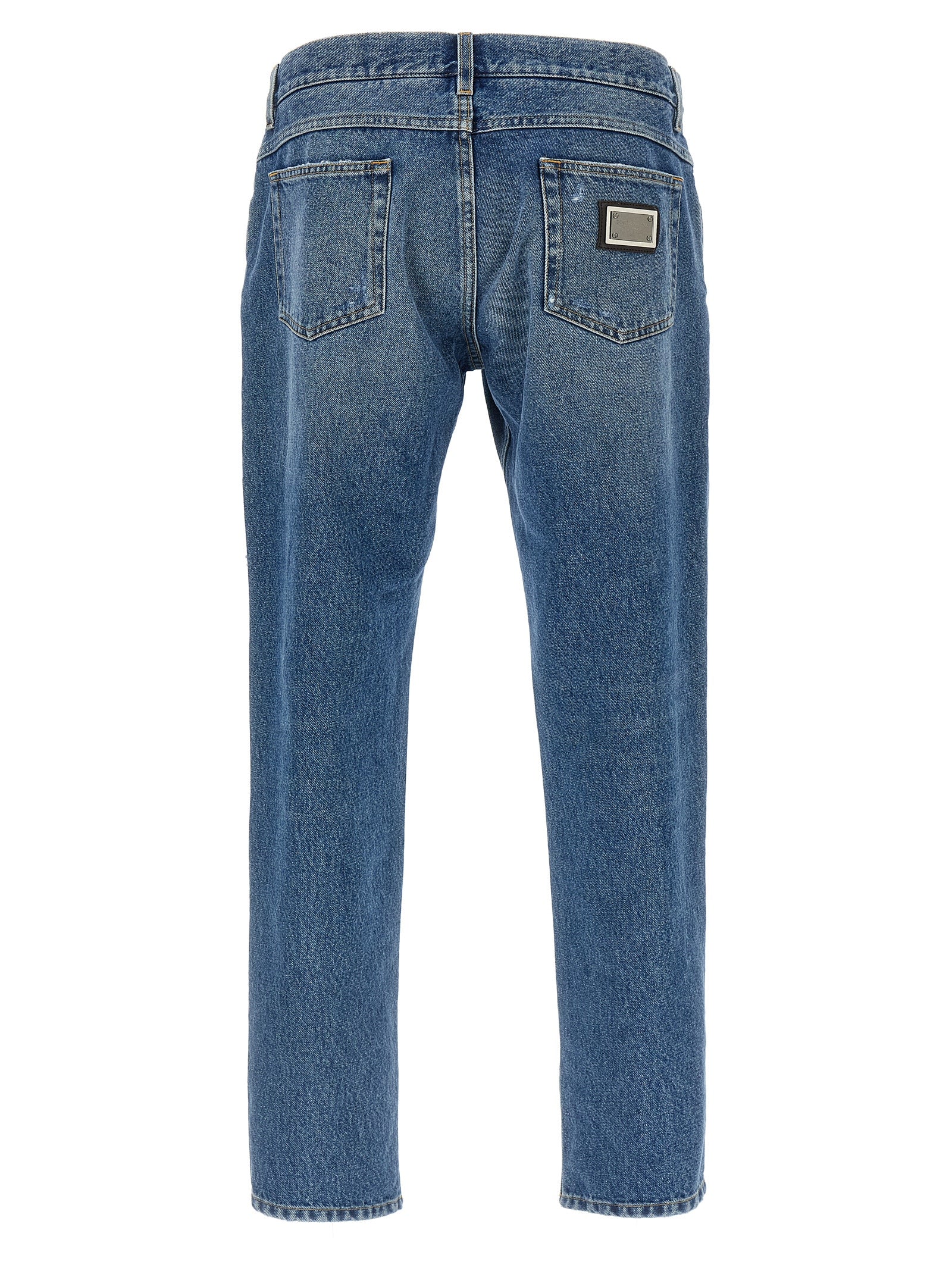 Jeans droits en coton bleu Dolce & Gabbana, vue de face, avec poches et couture visible.