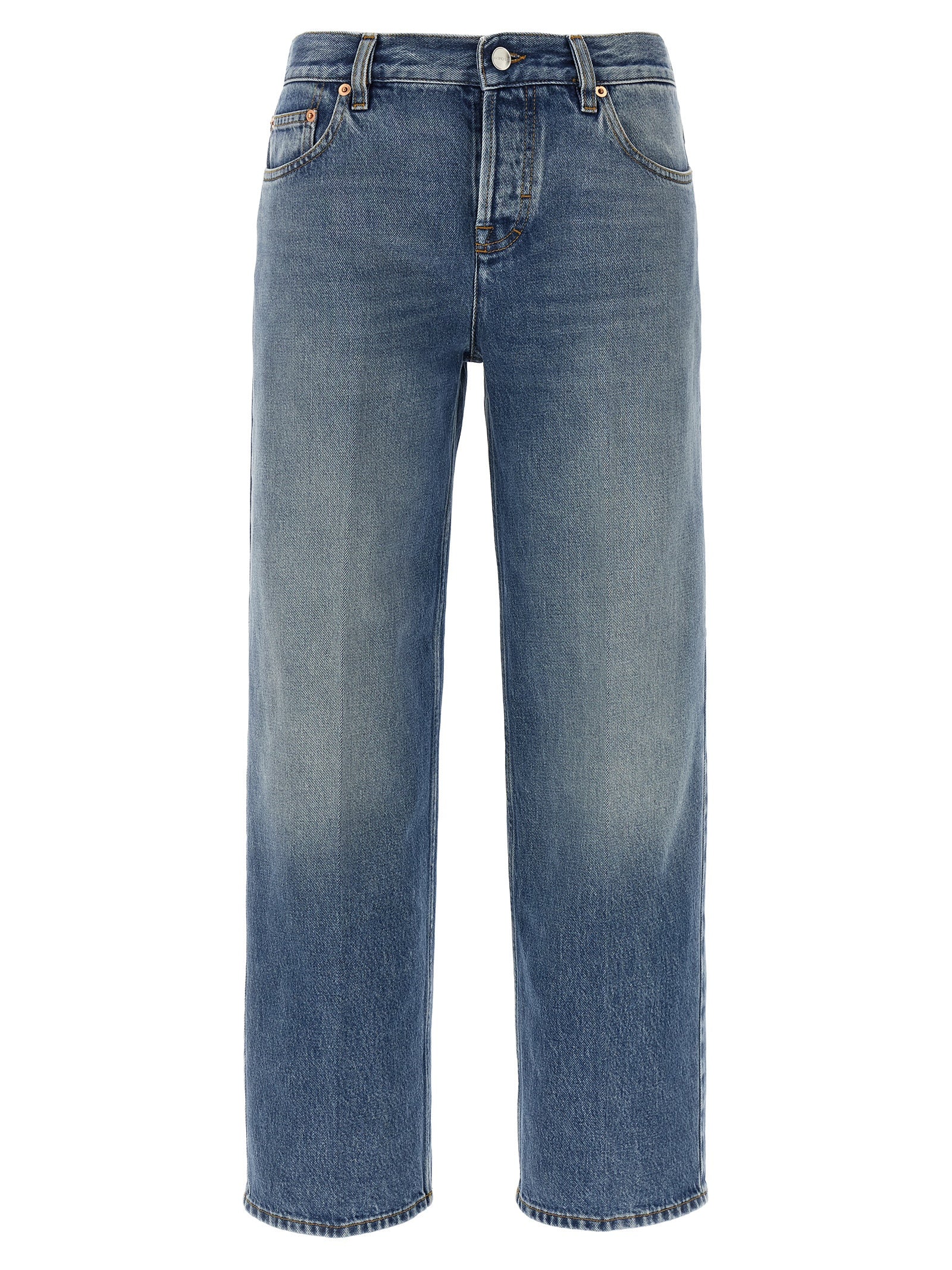 Jeans droits en coton bleu Gucci, design classique avec poches avant et arrière, mode élégante et décontractée.