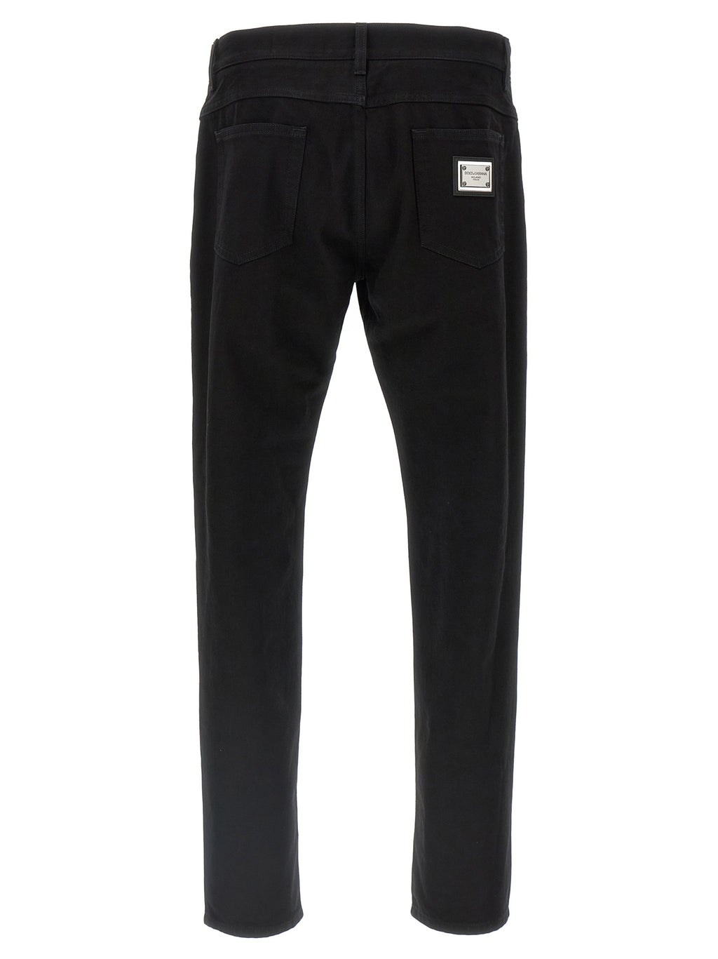 Jeans droits en coton noir de Dolce & Gabbana, style décontracté et classique, visibles en gros plan sur fond neutre.