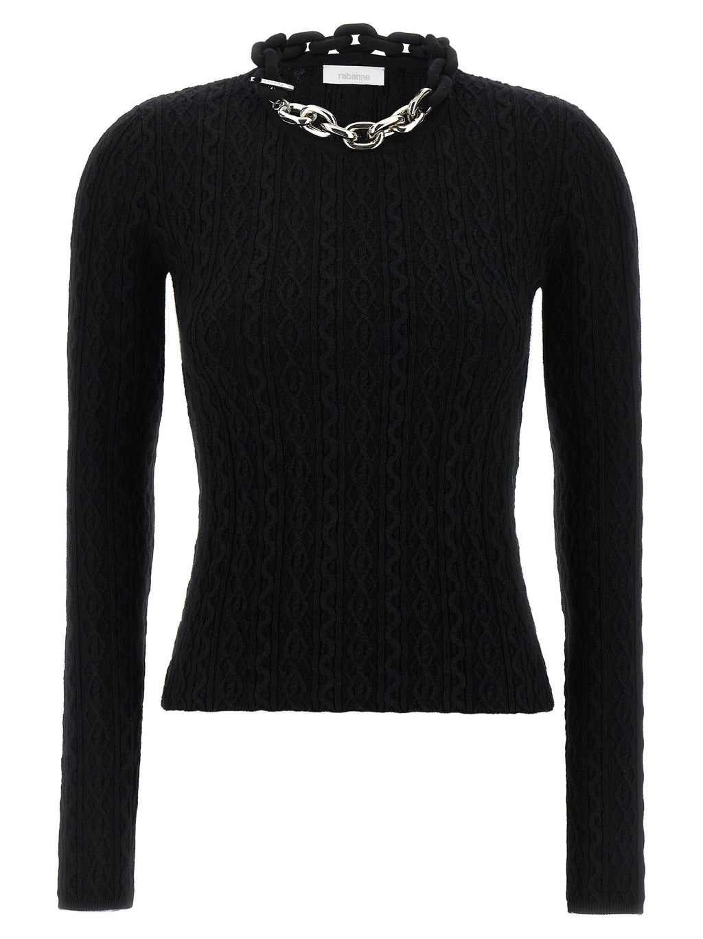 Cardigan en laine noire Paco Rabanne, style élégant avec boutons, porté par un mannequin.