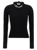 Cardigan en laine noire Paco Rabanne, style élégant avec boutons, porté par un mannequin.