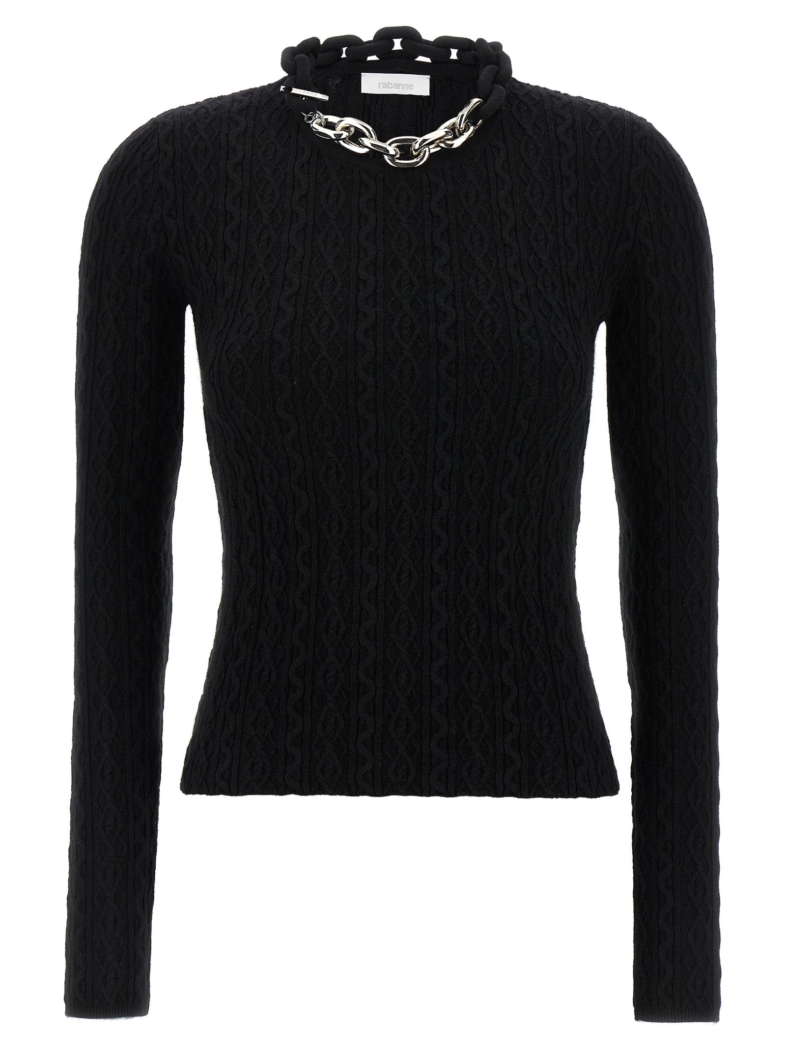 Cardigan en laine noire Paco Rabanne, style élégant avec boutons, porté par un mannequin.