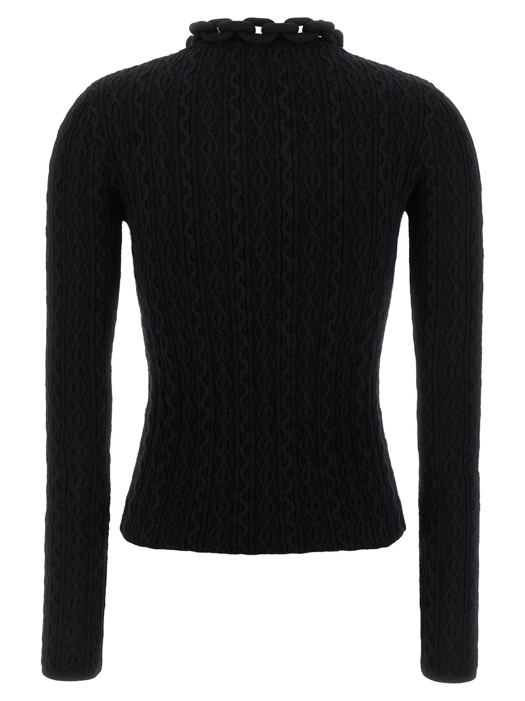 Cardigan en laine noire Paco Rabanne, mode élégante, porté ouvert, détails de texture visible, style contemporain et sophistiqué.