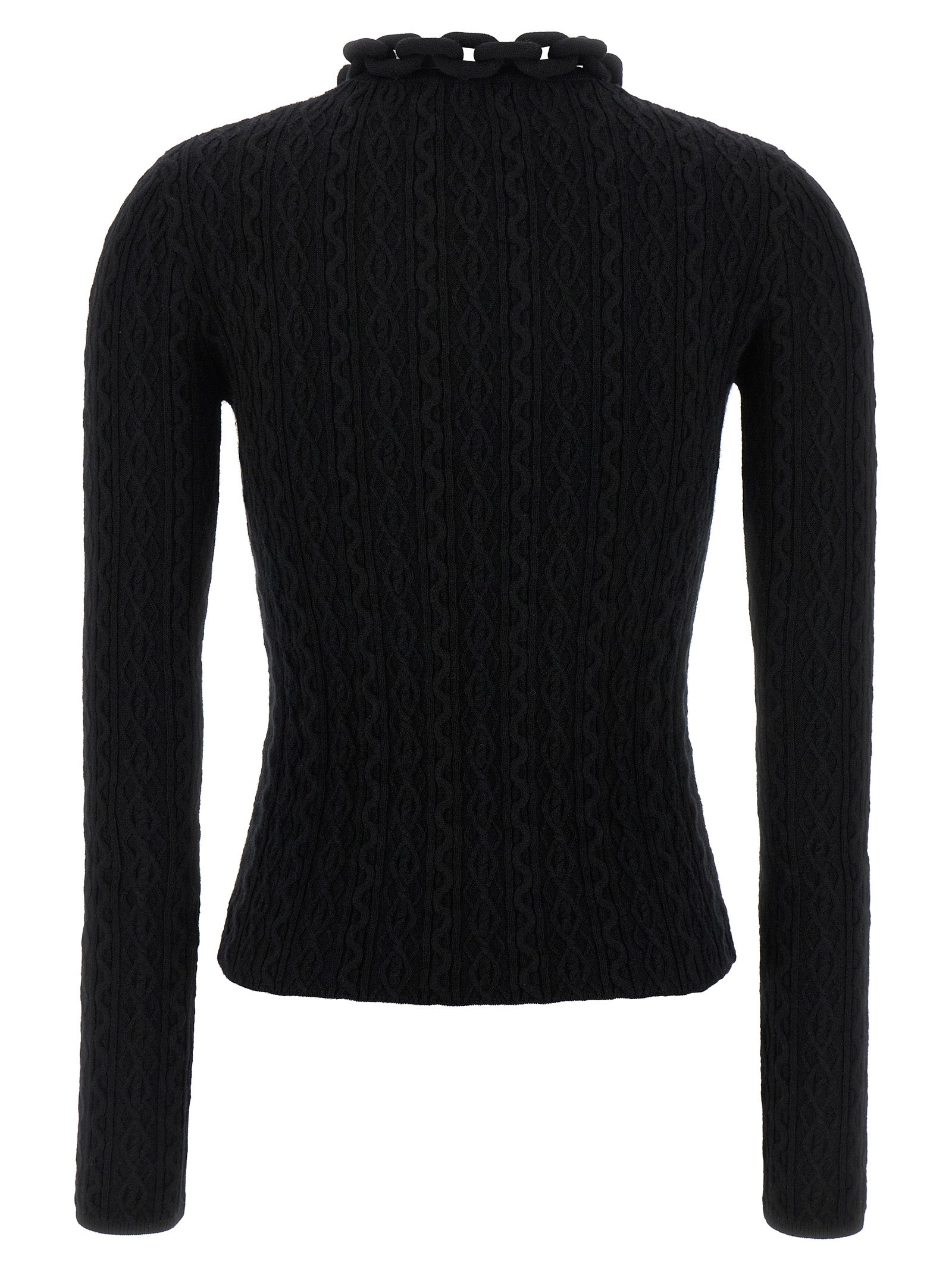 Cardigan en laine noire Paco Rabanne, mode élégante, porté ouvert, détails de texture visible, style contemporain et sophistiqué.