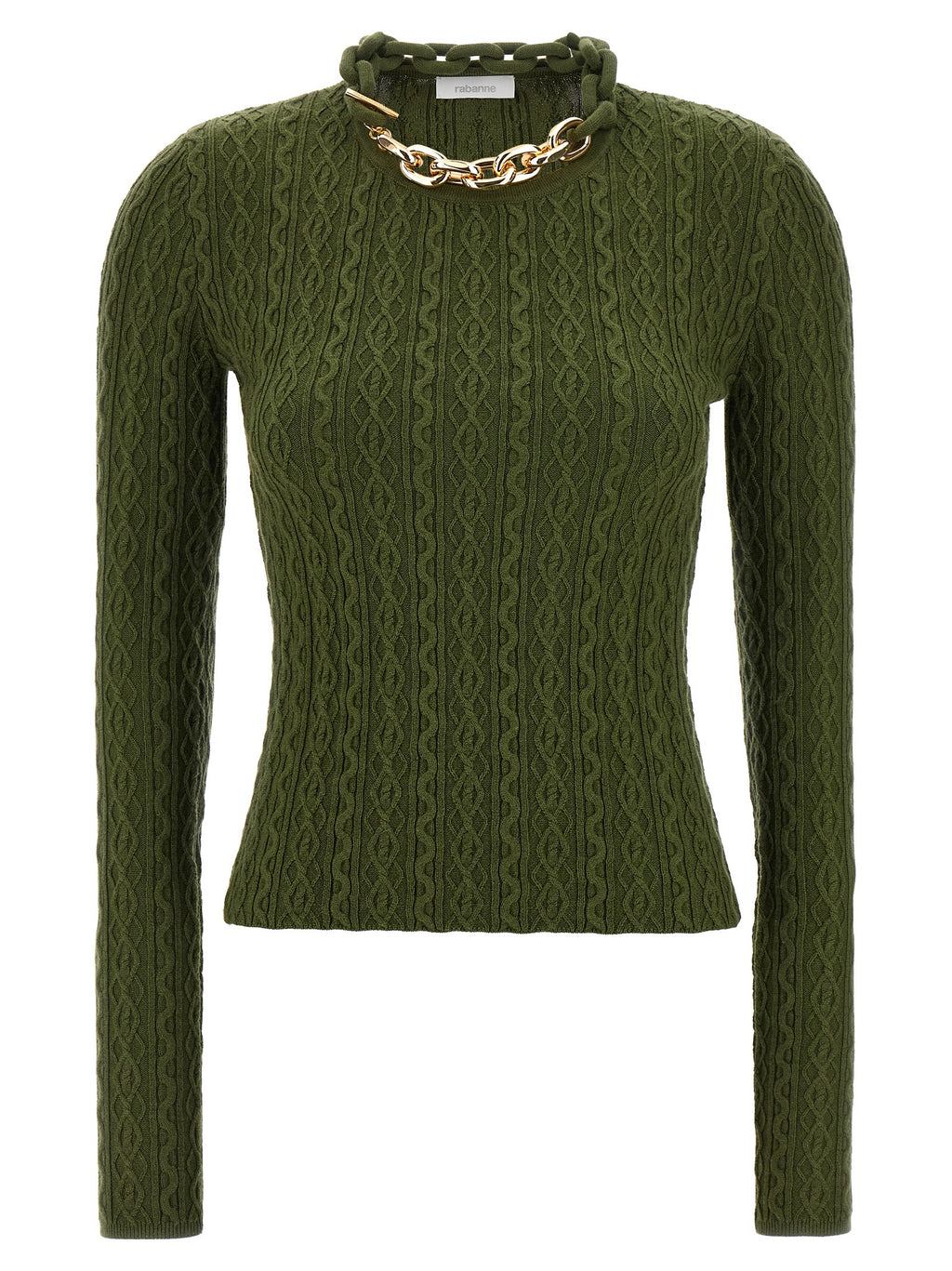 Cardigan en laine bicolore Paco Rabanne, coupe élégante, avec boutons, porté sur un mannequin.