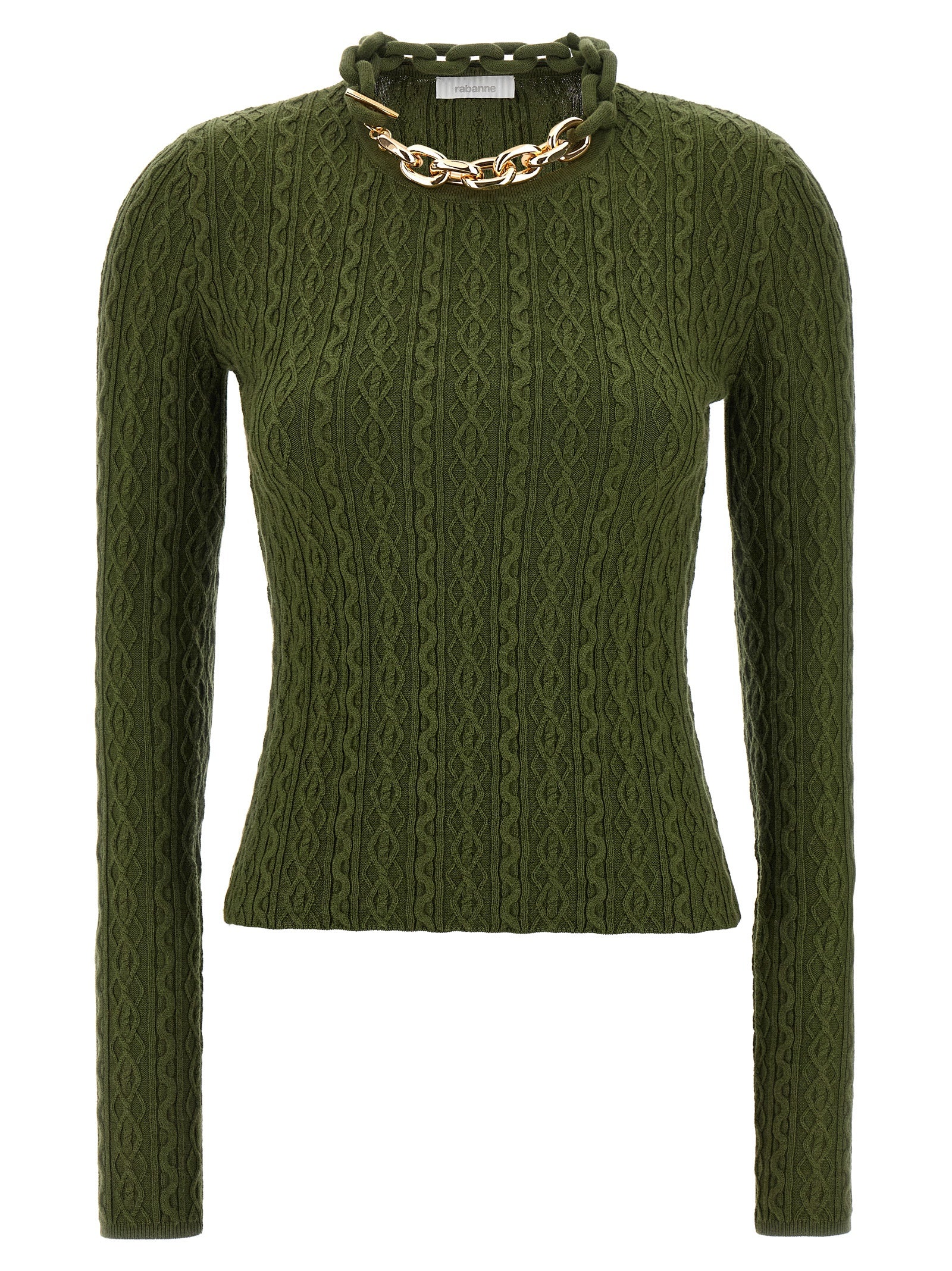 Cardigan en laine bicolore Paco Rabanne, coupe élégante, avec boutons, porté sur un mannequin.