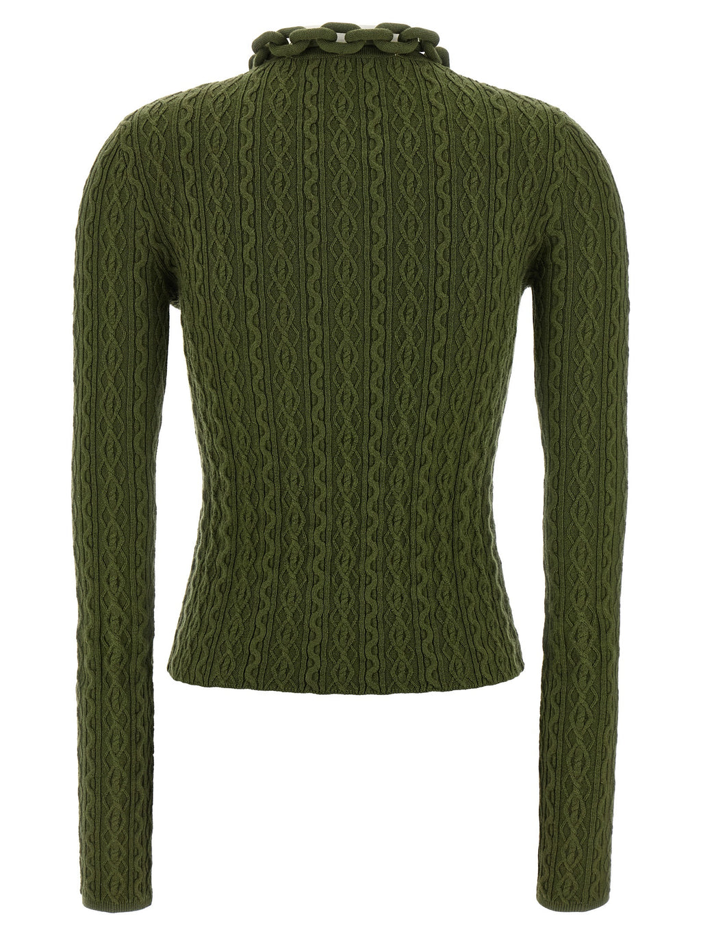 Cardigan en laine bicolore Paco Rabanne avec boutons, porté ouverture sur un mannequin.