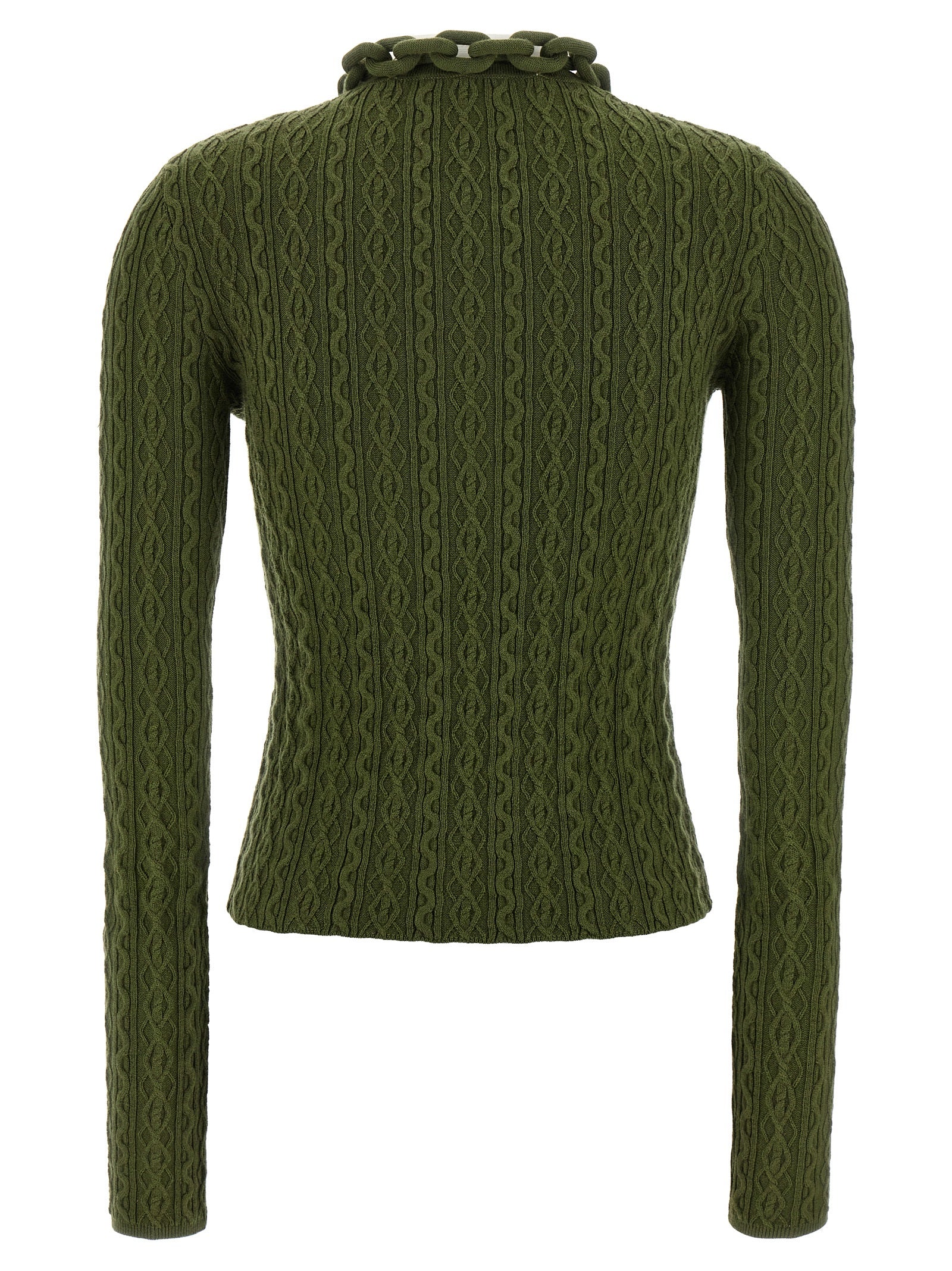 Cardigan en laine bicolore Paco Rabanne avec boutons, porté ouverture sur un mannequin.