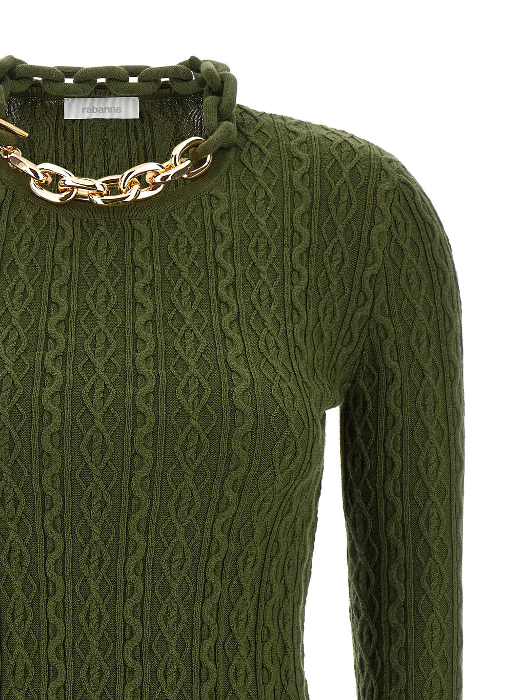 Cardigan en laine bicolore Paco Rabanne, coupe classique avec boutons, porté sur un mannequin blanc.