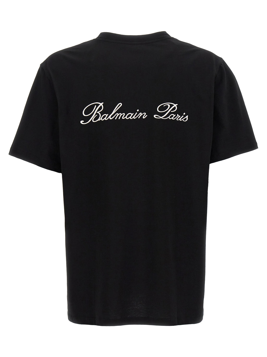 T-shirt en coton bicolore Balmain, coupe classique, avec logo Balmain visible, portée sur un mannequin blanc.
