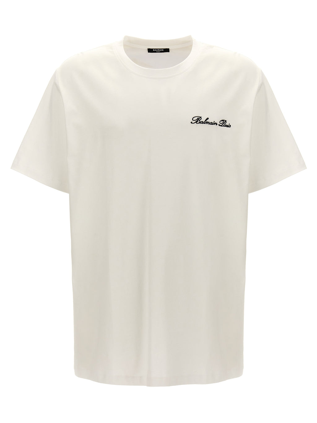 T-shirt en coton bicolore Balmain avec logo, coupe classique, porté sur mannequin, vue de face.