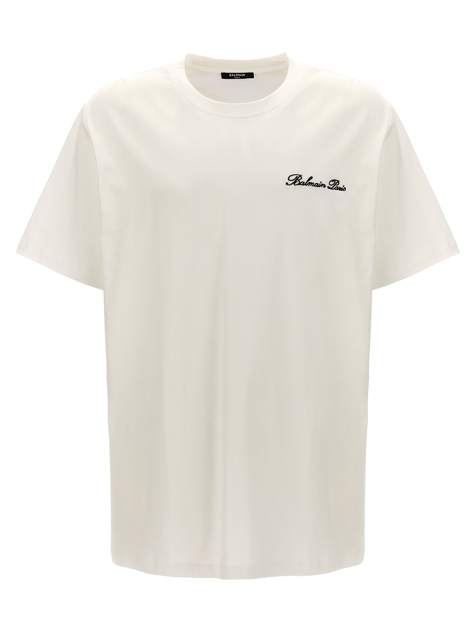 T-shirt en coton bicolore Balmain avec logo, coupe classique, porté sur mannequin, vue de face.