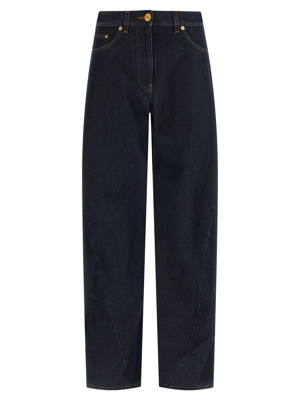 Jean en coton bleu à taille haute de la marque Versace, visible avec détails de la coupe et la texture du tissu.