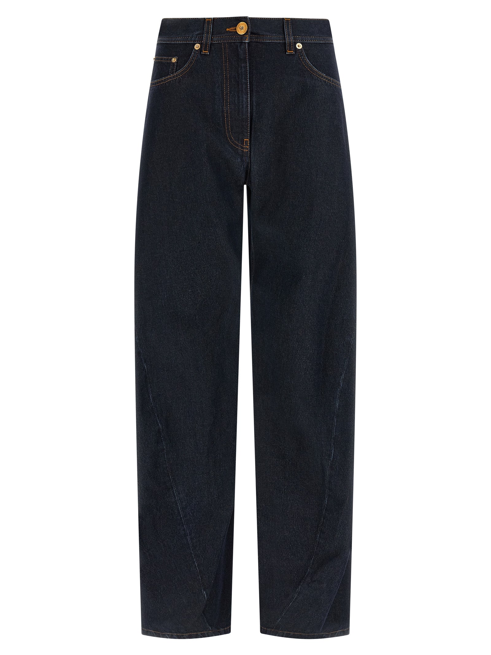 Jean en coton bleu à taille haute de la marque Versace, visible avec détails de la coupe et la texture du tissu.