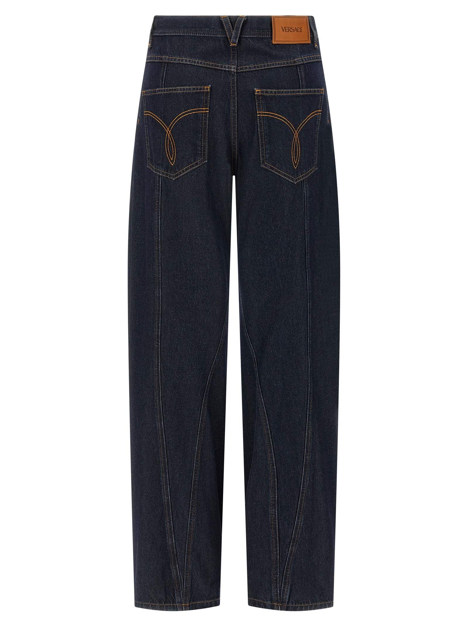 Jean en coton bleu à taille haute de Versace, avec coupe élégante et détails de luxe.