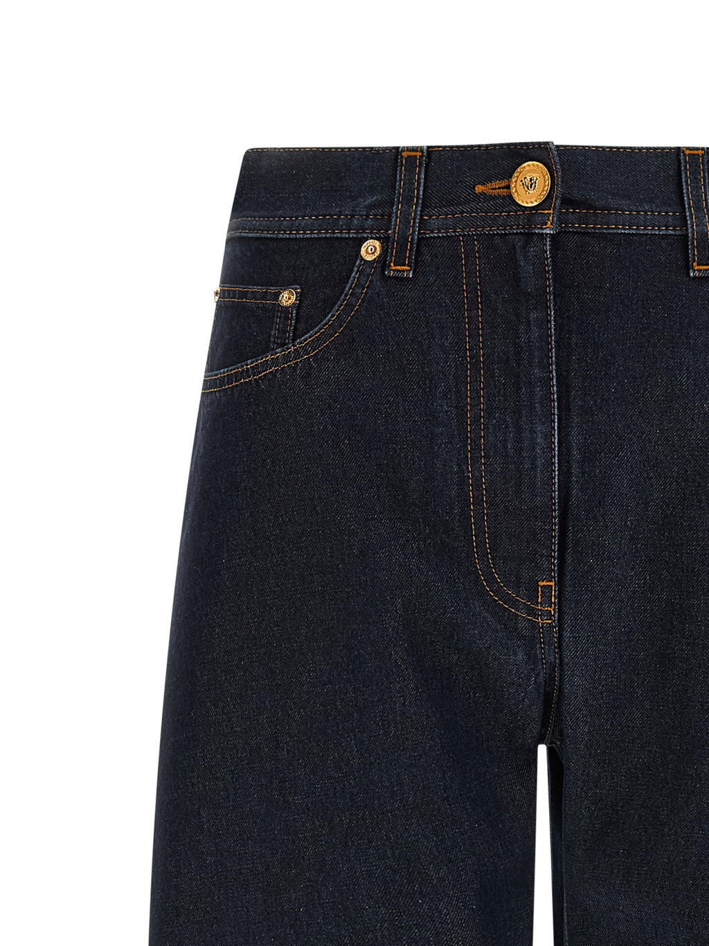 Jeans en coton bleu à taille haute de Versace, mode élégante et classique pour femmes.