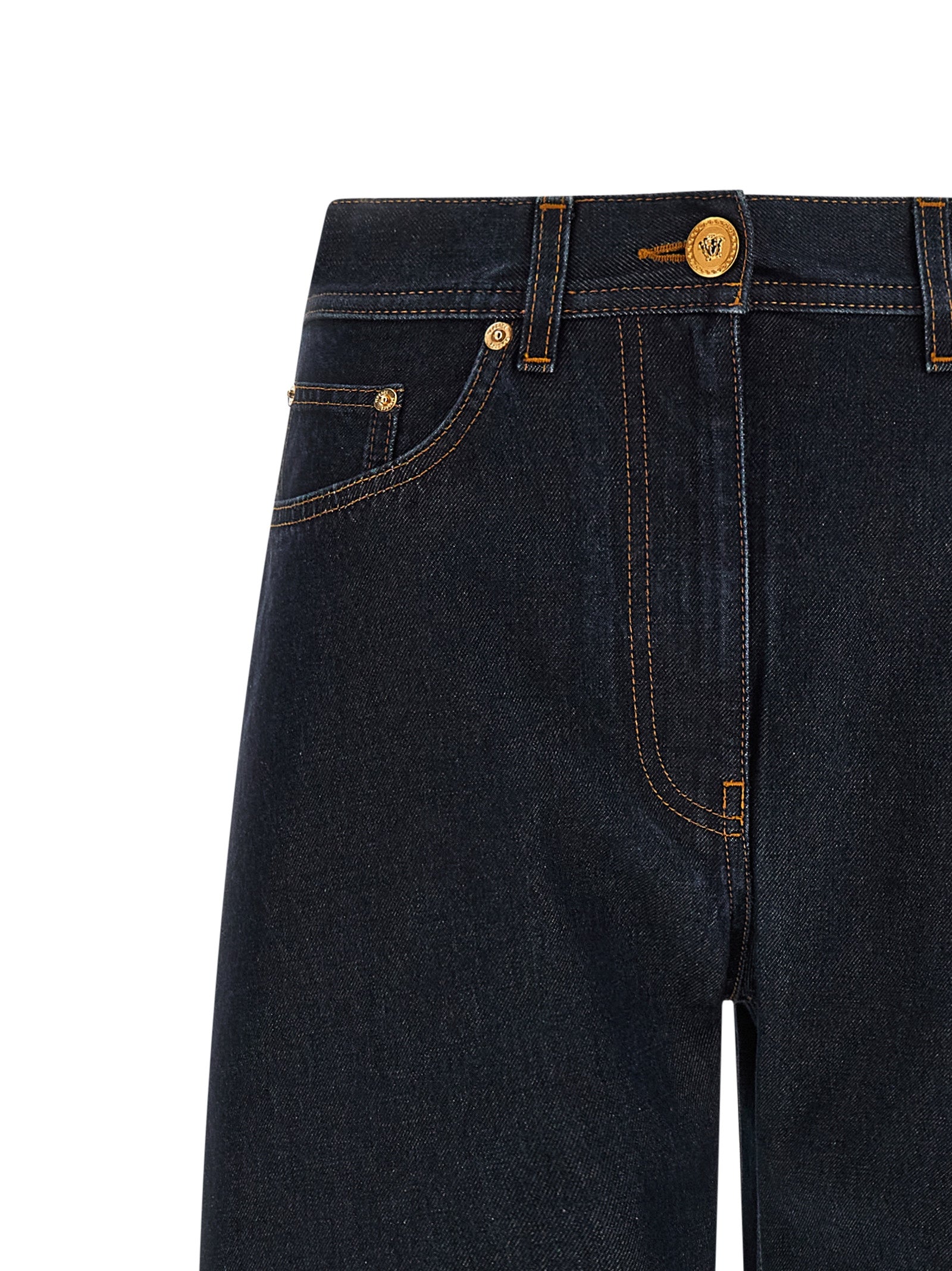 Jeans en coton bleu à taille haute de Versace, mode élégante et classique pour femmes.