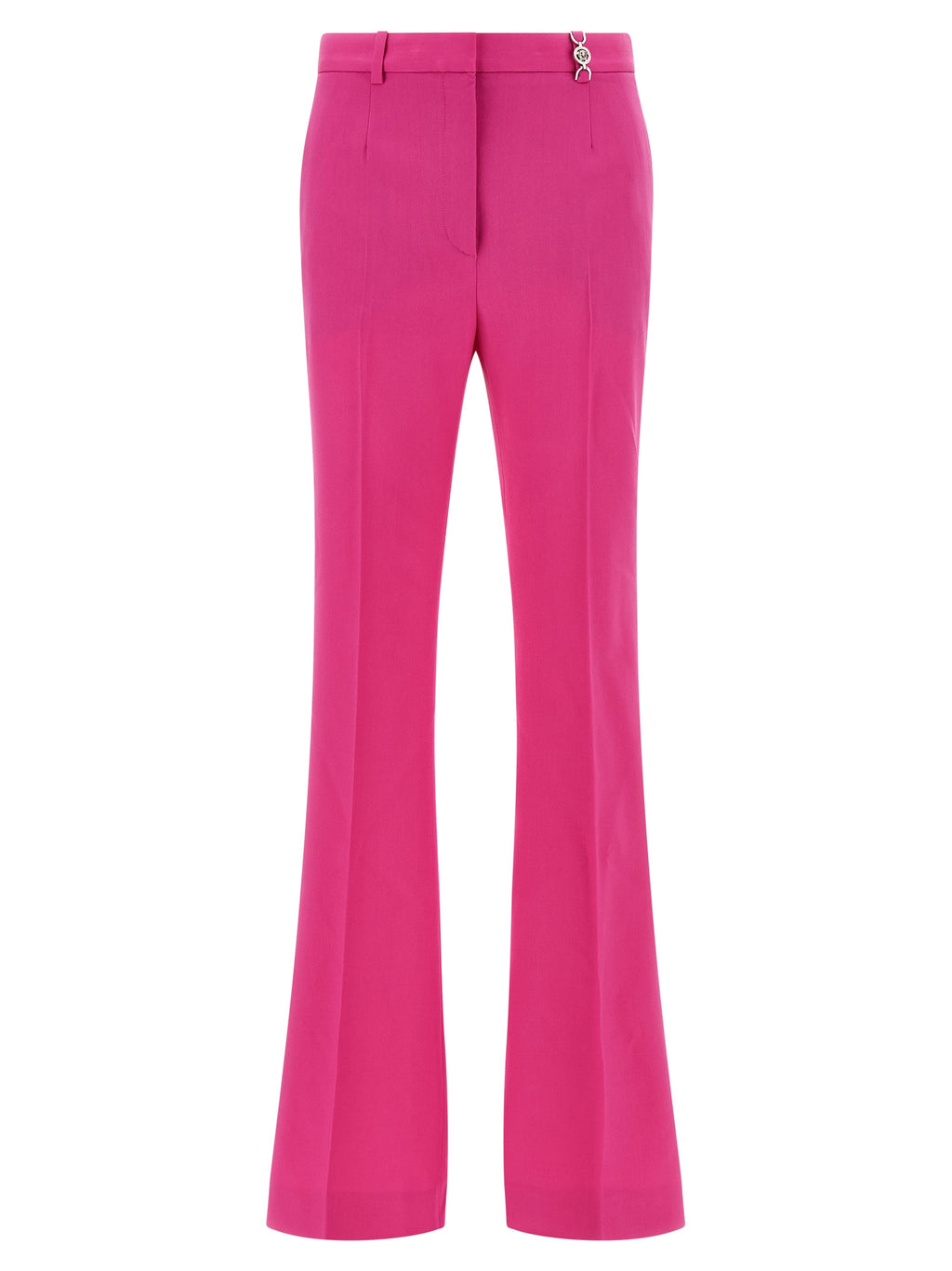 Pantalons évasés en laine vierge fuchsia de Versace, style moderne et élégant, visibles sur cette image.