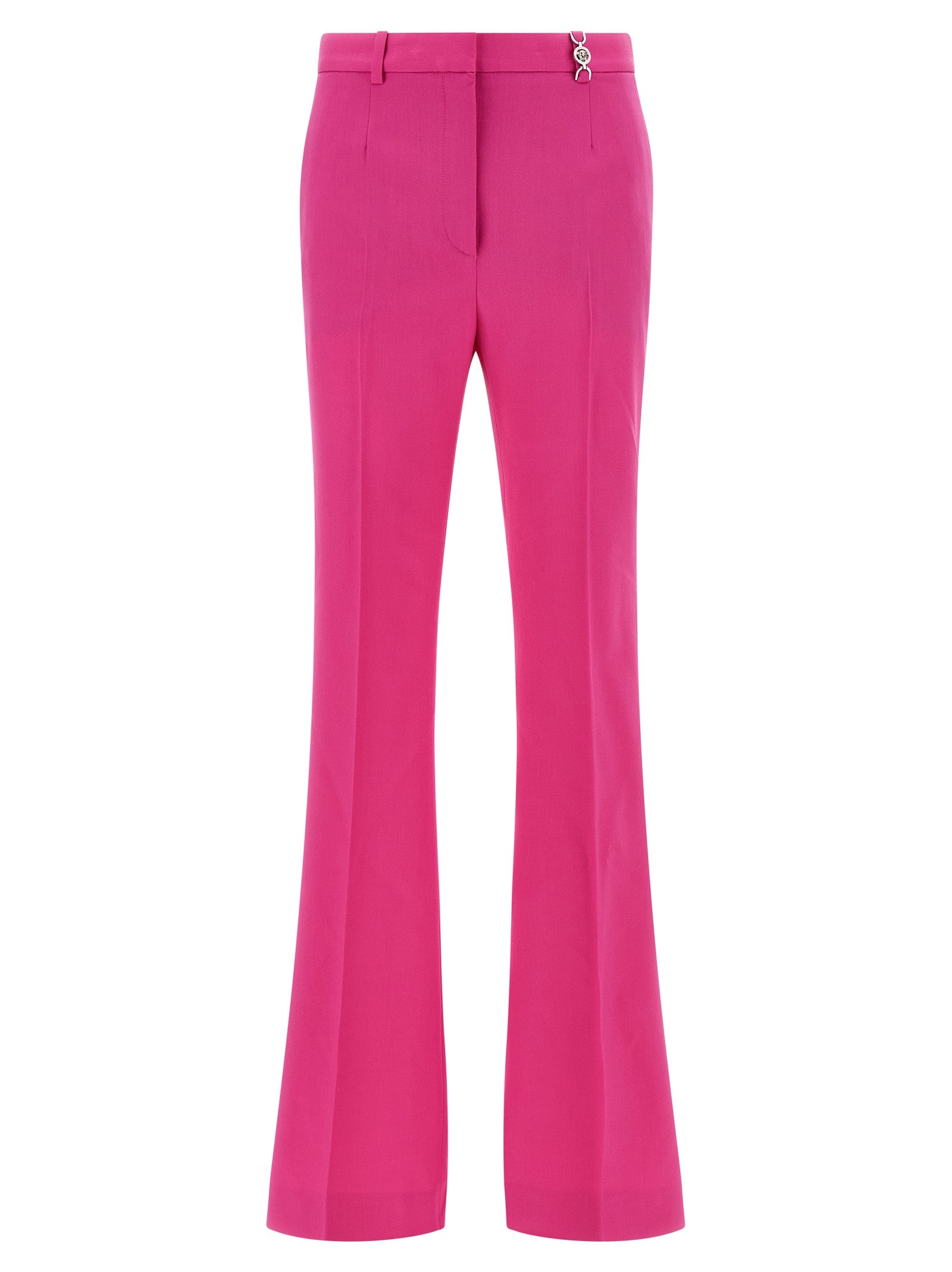Pantalons évasés en laine vierge fuchsia de Versace, style moderne et élégant, visibles sur cette image.