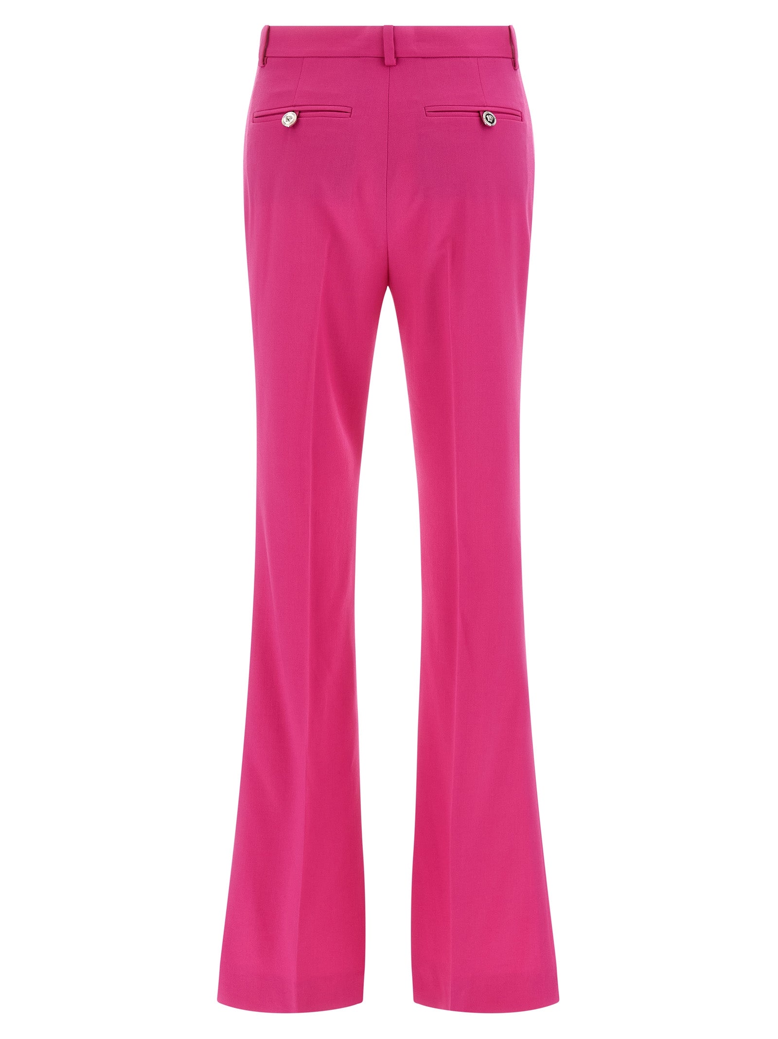 Pantalons évasés en laine vierge fuchsia de Versace, style élégant et tendance, vue de face sur un fond neutre.
