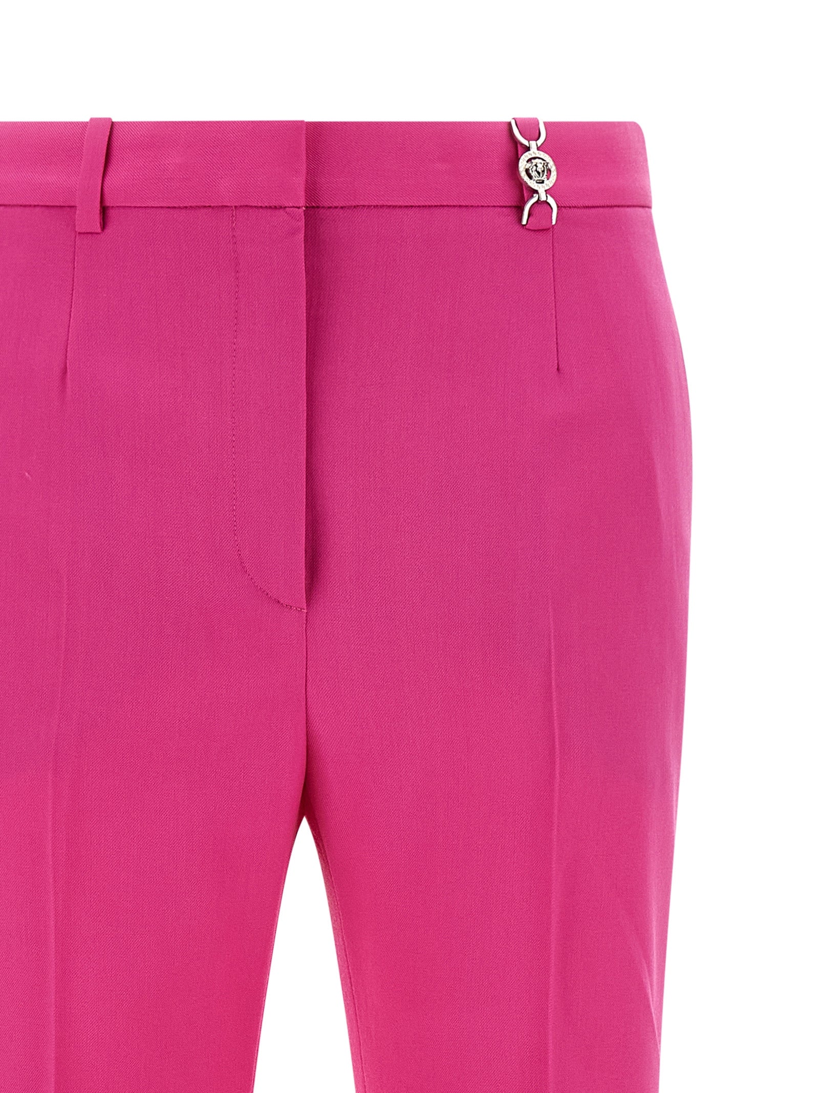 Pantalons évasés en laine vierge fuchsia de Versace, style chic et tendance pour femme.