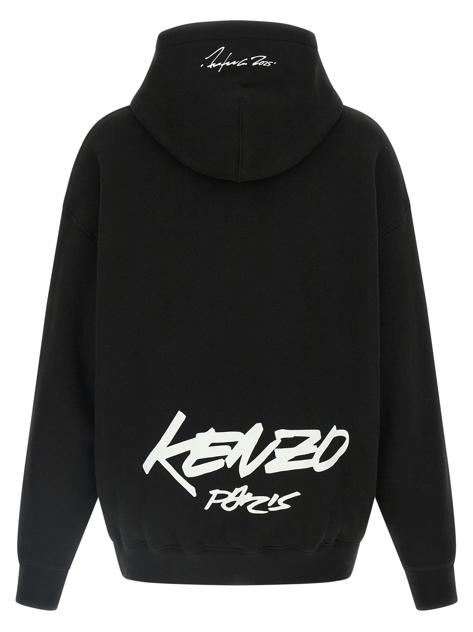 Sweat à capuche noir en coton de la marque Kenzo, vue de face, avec logo discret sur la poitrine.
