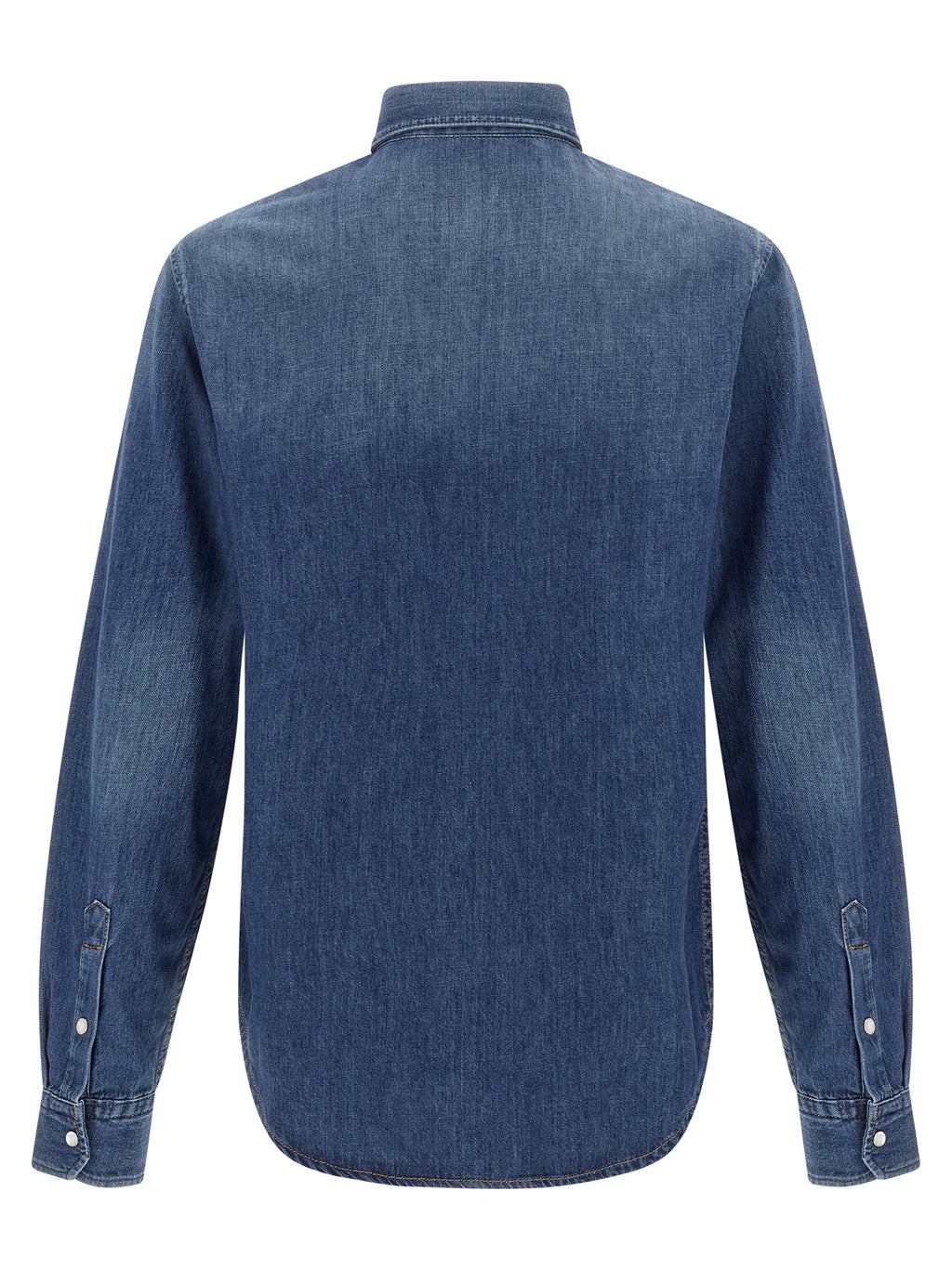 Chemisier en coton bleu de la marque Versace, avec détails élégants et coupe sophistiquée, porté sur mannequin.
