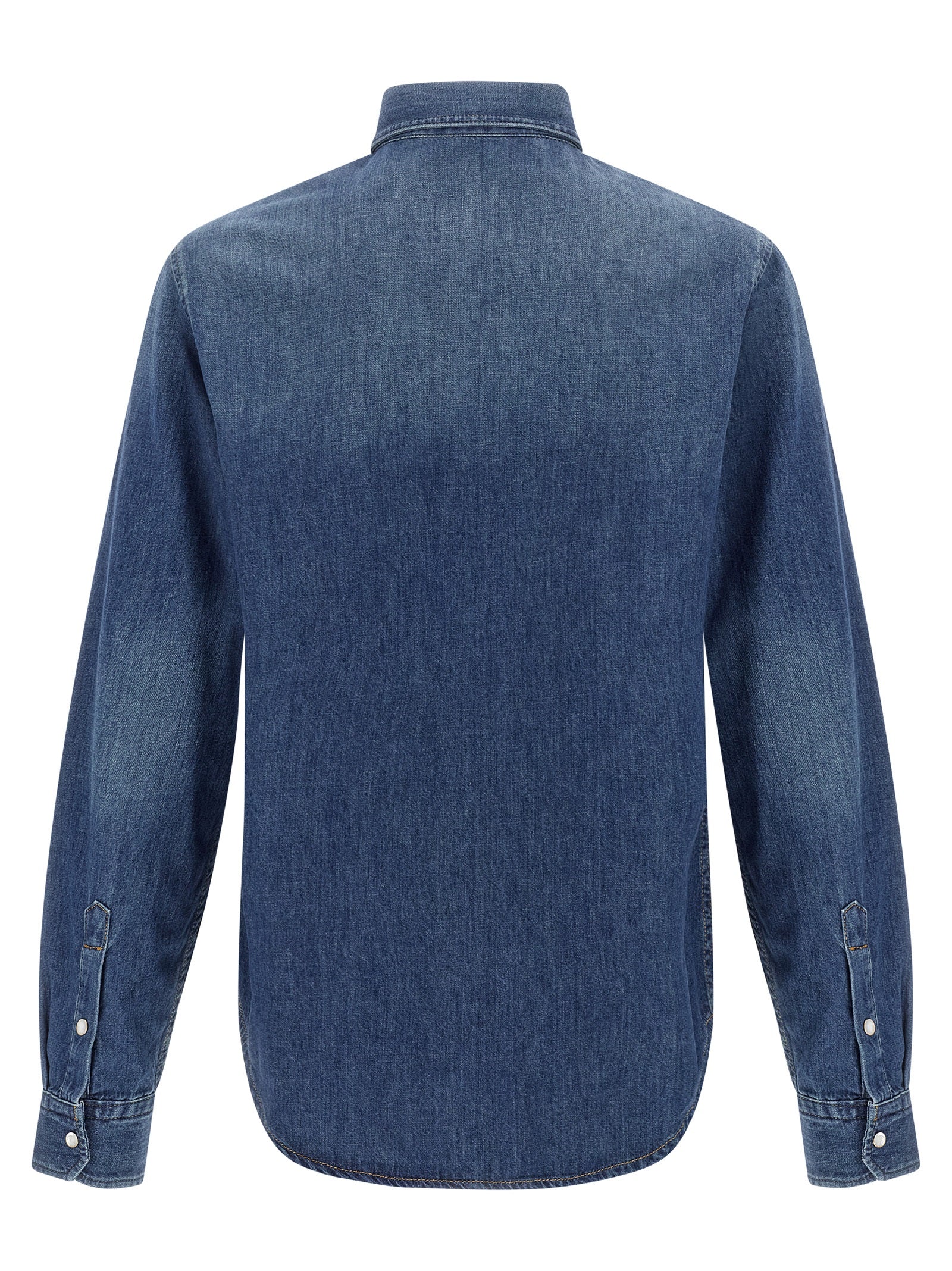 Chemisier en coton bleu de la marque Versace, avec détails élégants et coupe sophistiquée, porté sur mannequin.