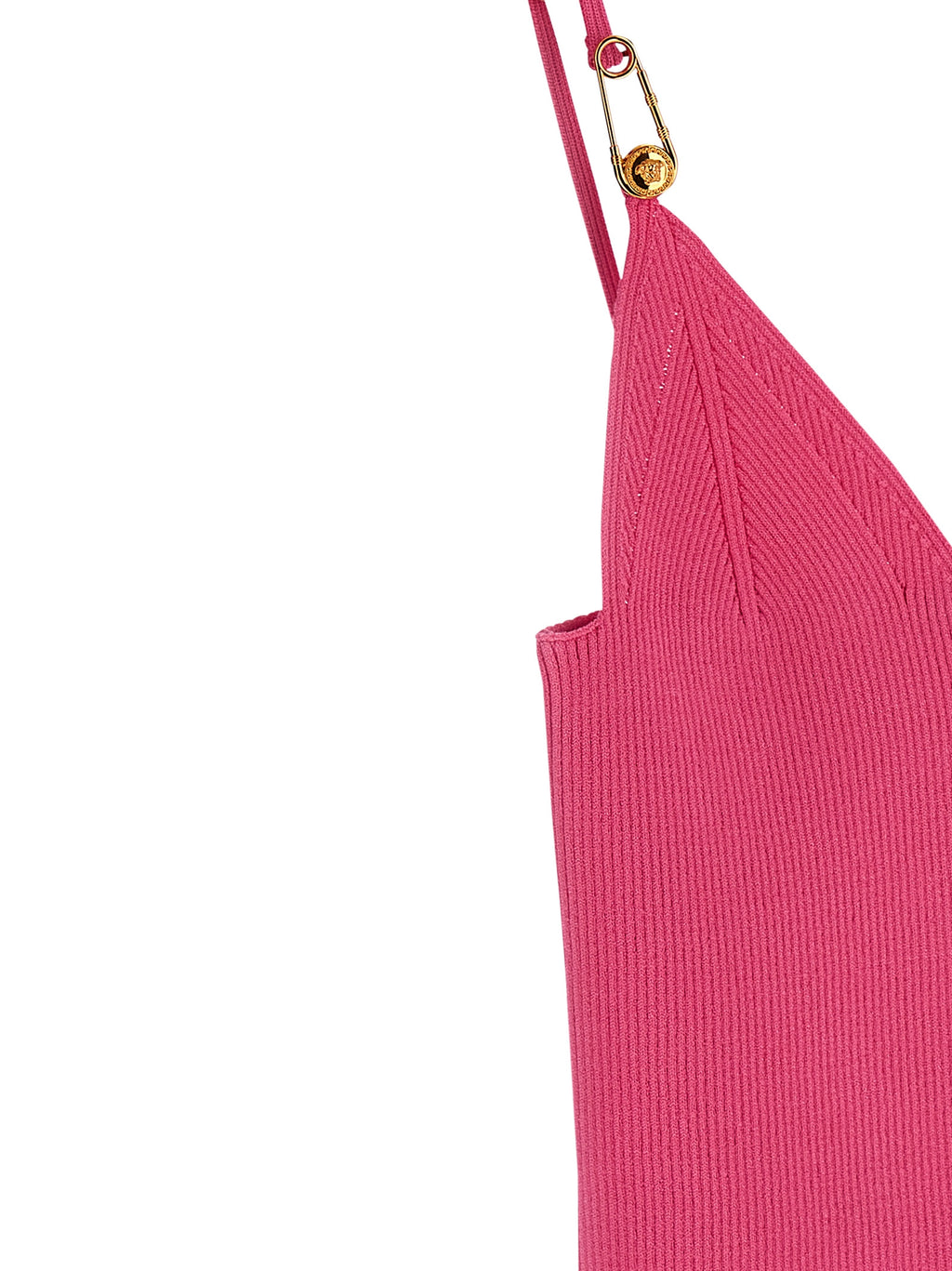 T-shirt sans manches Versace en viscose fuchsia, avec logo et détails de style élégant, vue de face.