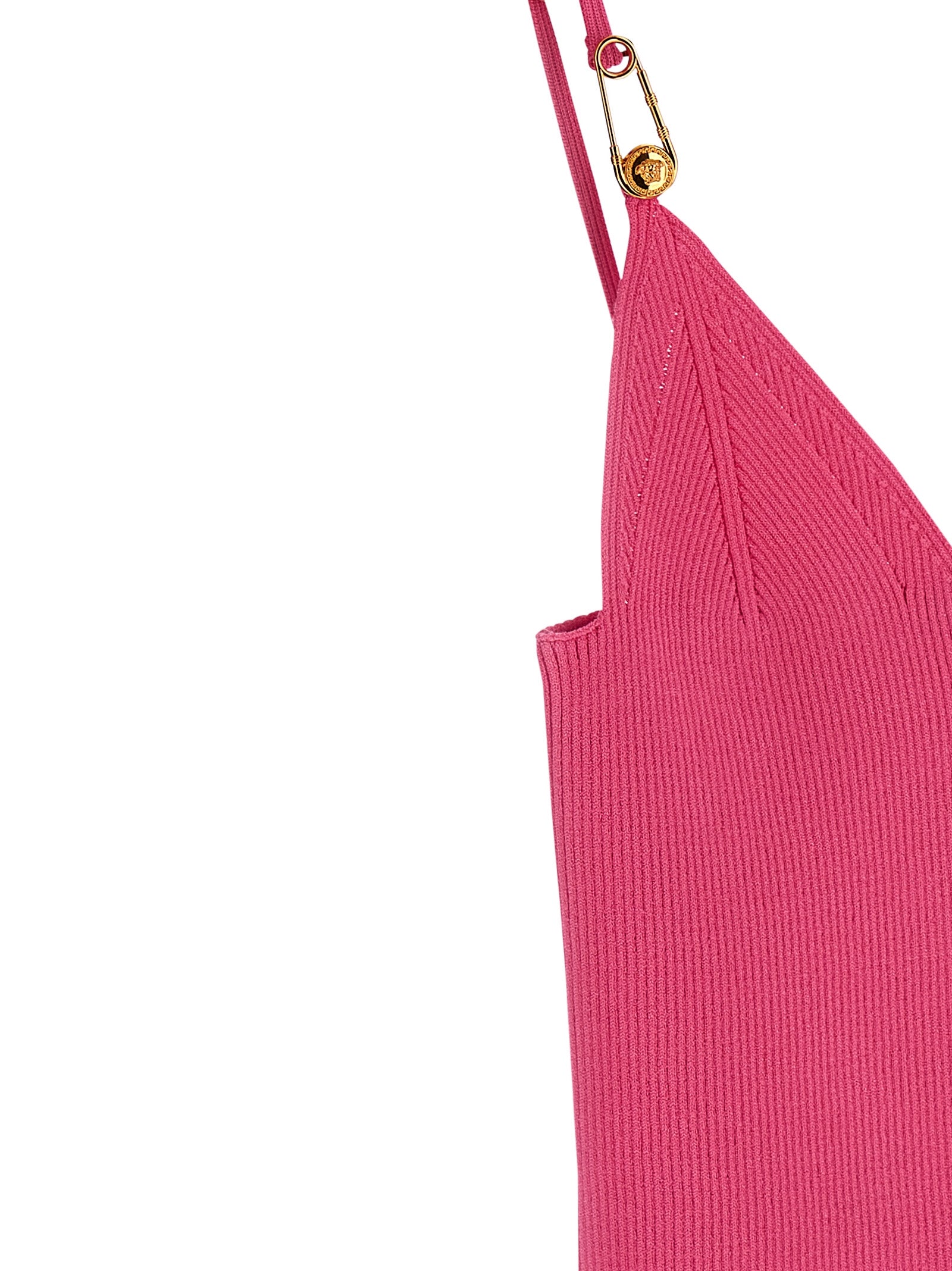 T-shirt sans manches Versace en viscose fuchsia, avec logo et détails de style élégant, vue de face.