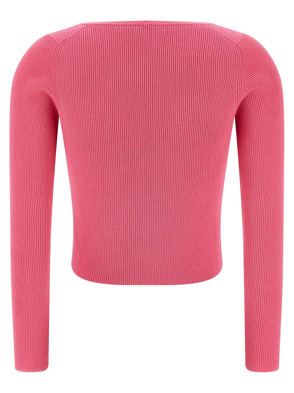Cardigan en viscose fuchsia de Versace, finition élégante, porté sur un mannequin avec détails de style luxueux.