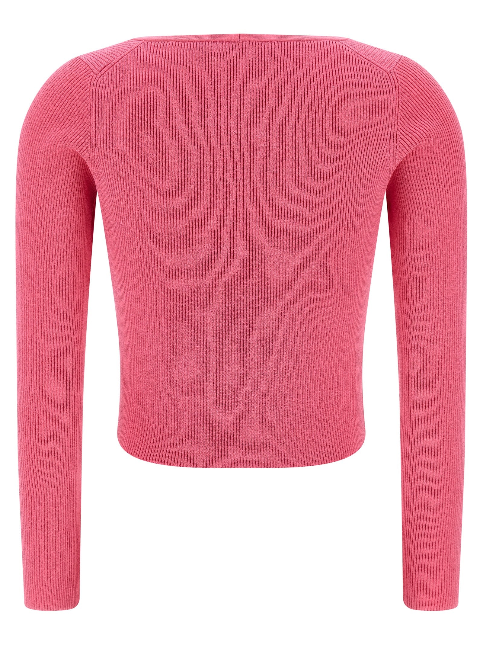Cardigan en viscose fuchsia de Versace, finition élégante, porté sur un mannequin avec détails de style luxueux.