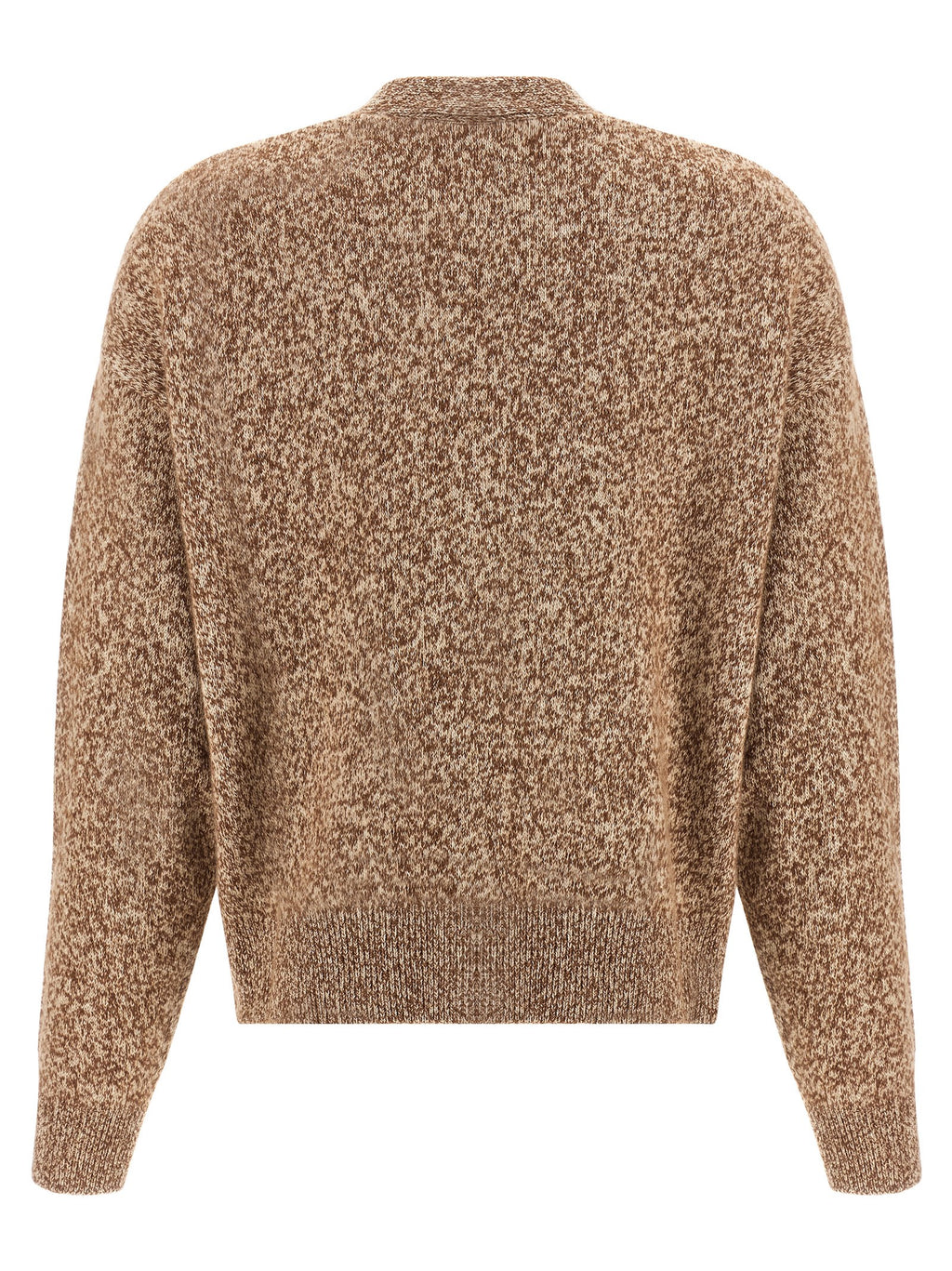 Cardigan beige en laine vierge de la marque Versace, porté, avec détails de design sophistiqués visibles.