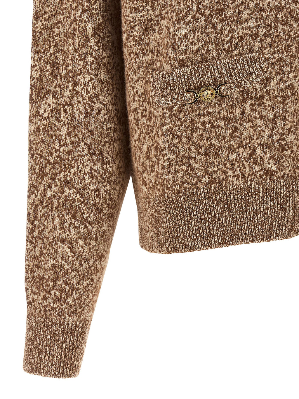 Cardigan beige en laine vierge de la marque Versace, fermeture boutonnée et détails élégants visibles sur l'image.