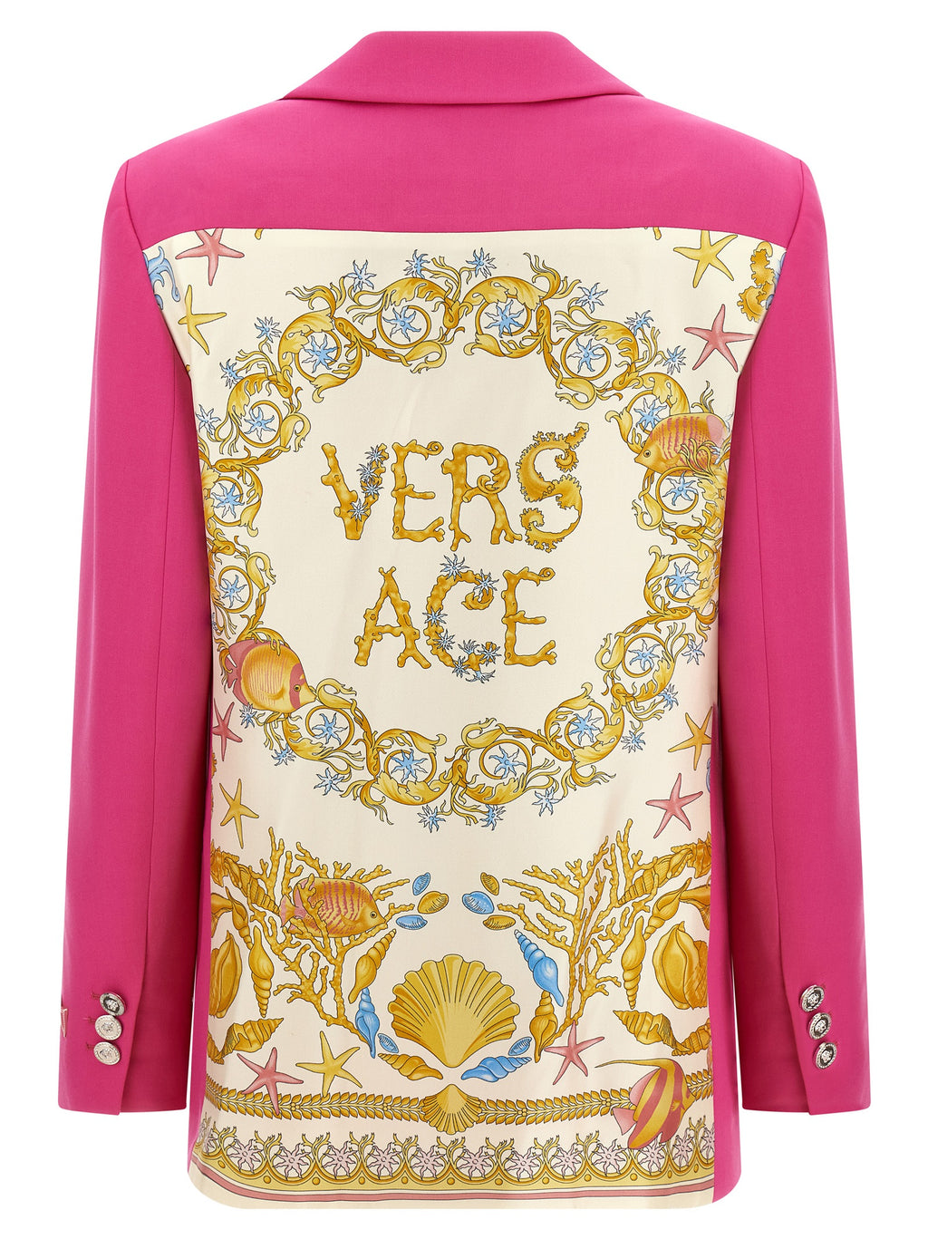 Blazer en laine vierge fuchsia de Versace, veste élégante avec logo emblématique, vue de face sur fond neutre.